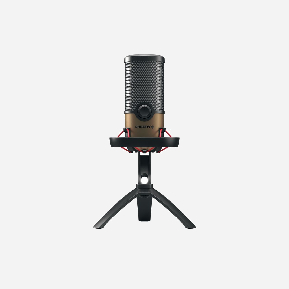 CHERRY UM 9.0 PRO RGB Microphone de Table USB 24-bit/192kHz Noir/Cuivre, Sortie Casque, SPL 122dB, Câble 2.5m, Compatible Windows/macOS - Le CHERRY UM 9.0 PRO RGB séduit par sa conception. Avec son trépied entièrement métallique qui lui assure une bonne stabilité et ses couleurs noir mat et cuivre, ce microphone USB profession-nel attire tous les regards.<br>