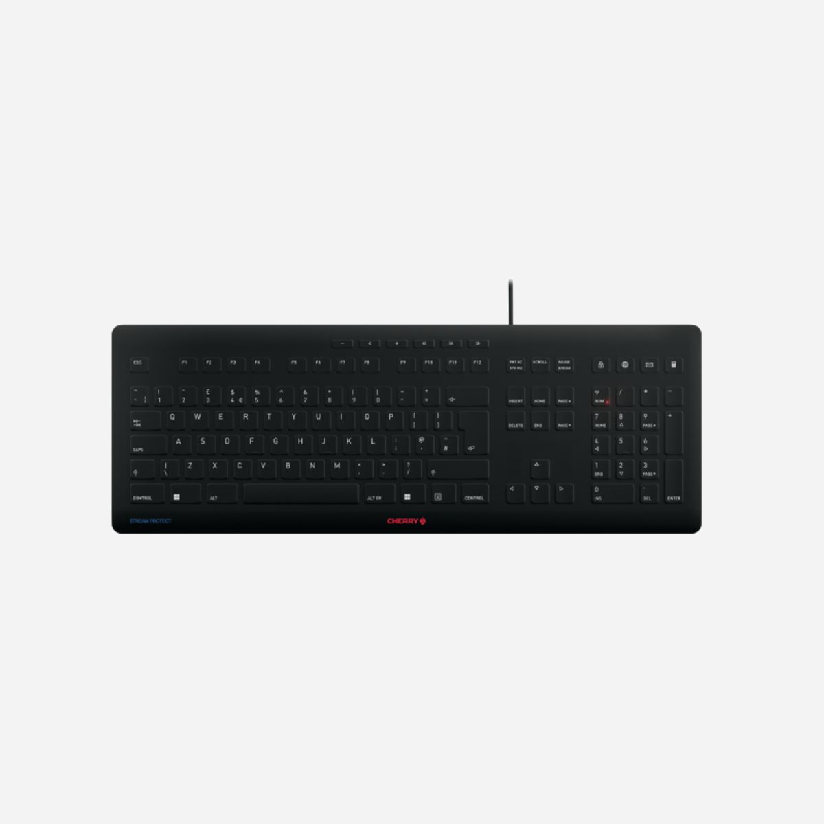 CHERRY STREAM PROTECT - Clavier USB QWERTY, membrane protectrice Active Key, 115 touches, Switch ciseaux, durée 10M caractères, noir - JK-8502GB-2 - Le clavier CHERRY STREAM devient un CHERRY STREAM PROTECT grâce à la membrane de protection STREAM PROTECT MEMBRANE. Avec elle, le clavier est très facile à nettoyer ou à désinfecter et le confort de frappe est préservé. CHERRY et ACTIVE KEY - deux success stories qui combinent qualité éprouvée et hygiène de façon parfaitement harmonieuse. CHERRY est synonyme de fiabilité sans compromis, de longévité et de confort de saisie maximal au quotidien. Les claviers CHERRY STREAM ont prouvé leur fiabilité des millions de fois, et pas seulement au bureau. Heure après heure, jour après jour. ACTIVE KEY a le plus haut niveau d'expertise en tant que fournisseur leader de dispositifs d'entrée hygiéniques. Ce fournisseur spécialisé du groupe CHERRY développe des membranes en silicone parfaitement adaptées et résistantes, qui répondent aux normes d'hygiène les plus strictes des applications cliniques. Avec la membrane STREAM PROTECT MEMBRANE d'Active Key, des millions d'utilisateurs du clavier STREAM peuvent offrir à leur clavier une protection des touches hygiénique et sur mesure. En cas d'utilisation fréquente et variée, les claviers deviennent un réceptacle pour la saleté et les germes. Avec la membrane STREAM PROTECT MEMBRANE, les impuretés et micro-organismes tels que les bactéries et les virus peuvent être simplement essuyés de la surface plate et entièrement fermée des touches. La membrane peut être retirée pour la nettoyer complètement ou la changer. La membrane STREAM PROTECT MEMBRANE protège ainsi efficacement l'homme, le clavier et la nature. La MEMBRANE DE PROTECTION STREAM offre une protection hygiénique aux claviers CHERRY STREAM partout où ils sont utilisés, par exemple dans l'administration publique, les établissements scolaires ou dans les environnements de bureaux partagés.