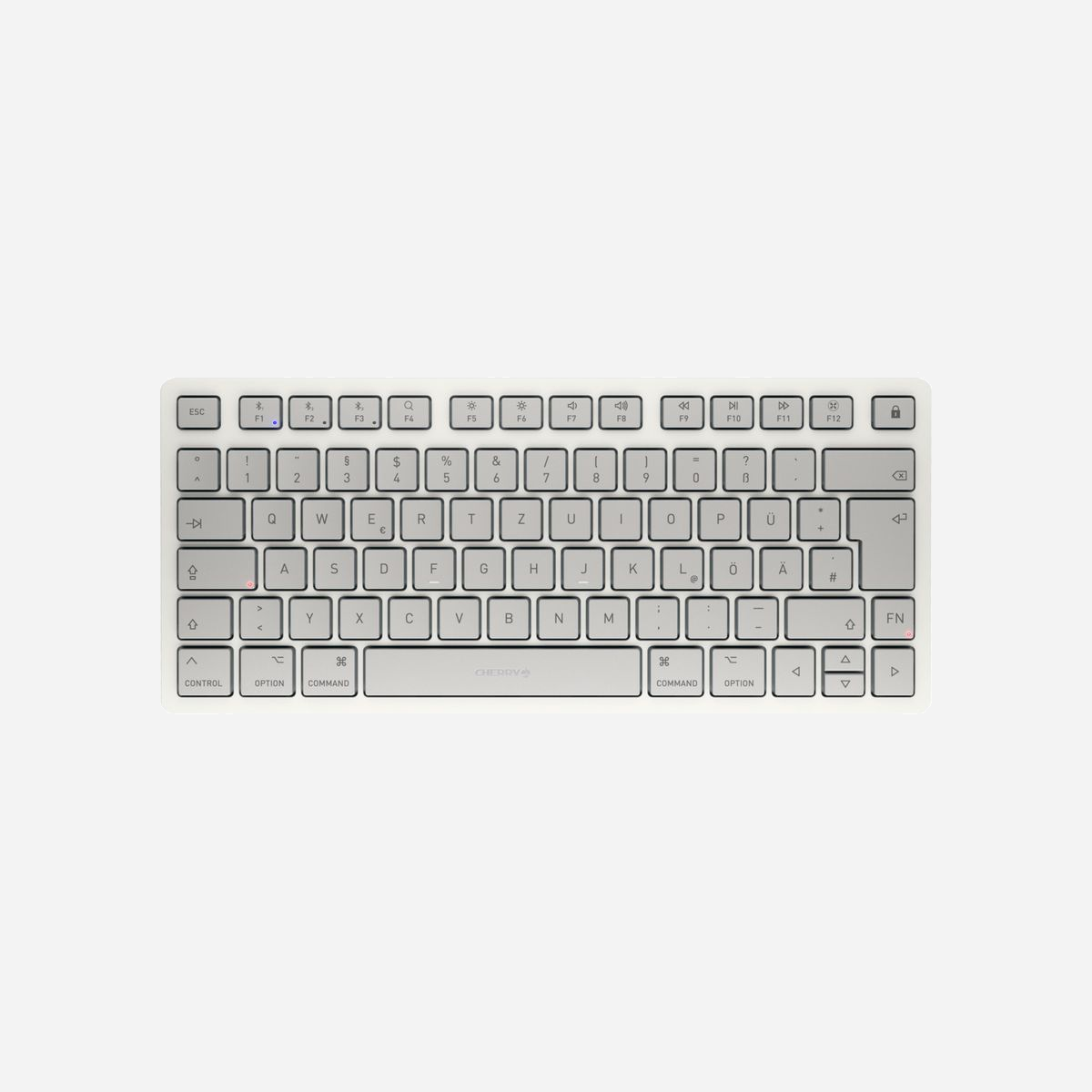 CHERRY KW 7100 MINI BT for MAC - Clavier 75% QWERTZ Bluetooth 5.1 Cherry SX, Multi-devices, iOS/macOS/iPadOS - Blanc - <b>Clavier multi-appareils compact en configuration Mac</b><br>Le modèle CHERRY KW 7100 MINI BT FOR MAC est un clavier Bluetooth® compact en configuration Mac. Les dimensions compactes, la fonctionnalité multi-appareils et l'étui de transport font de ce clavier design un compagnon idéal pour les utilisateurs mobiles.<br><br>Ce clavier alimenté par piles offre la possibilité de connecter simultanément jusqu'à trois appareils différents via les trois canaux Bluetooth® 5.1. Une fois le couplage effectué, vous pouvez facilement basculer entre les appareils connectés à l'aide des touches F1, F2 et F3. Cette version Mac est compatible avec presque tous les appareils Mac OS, iPadOS ou iOS compatibles Bluetooth®. <br><br>Le modèle CHERRY KW 7100 MINI BT FOR MAC intègre nos mécanismes à ciseaux CHERRY SX, qui garantissent une qualité de frappe optimale et des saisies précises. Les cabochons de touches concaves permettent une frappe silencieuse et sans fatigue. Le marquage est résistant à l'abrasion. <br><br>Avec son design minimaliste, ce clavier bureautique est peu encombrant et idéal dans les espaces de travail où la place est limitée, que ce soit au bureau, à l'université ou dans le train. Autre avantage ergonomique de la disposition regroupée des touches : le bras qui manie la souris se trouver moins déporté, favorisant ainsi une position plus naturelle des épaules qui prévient les tensions. L'inclinaison du clavier peut aussi être ajustée en pliant ou dépliant les pieds intégrés. <br><br>Malgré son format compact, le clavier CHERRY KW 7100 MINI BT FOR MAC offre de nombreuses fonctions spéciales. Les canaux Bluetooth®, le contrôle de la luminosité, du volume et des fonctions multimédia telles que lecture/pause et la sélection de pistes qui se font par simples combinaisons de touches. La touche Fn permet quant à elle une utilisation permanente des fonctions initiales des touches F. <br>Certaines touches intègrent des LED d'état qui indiquent en un coup d'œil quelles fonctions spéciales sont activées, quel canal BT est actuellement utilisé et si les majuscules sont verrouillées. <br><br>Le clavier est fourni dans un emballage entièrement exempt de plastique, avec 2 piles AAA au lithium ainsi qu'une housse de transport noire en plastique recyclé. Il est ainsi bien protégé lors des déplacements professionnels ou personnels. <br><br>Le clavier CHERRY KW 7100 MINI BT FOR MAC impressionne par son design compact, sa fonctionnalité multi-appareils, ses avantages ergonomiques et sa grande qualité de frappe. Cette version MINI sans fil constitue une alternative de qualité identique à celle du clavier de taille standard, avec les mêmes performances et fonctionnalités. Seul le pavé numérique est absent.