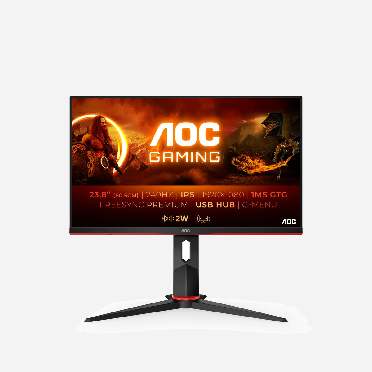 AOC 24G2ZU/BK Écran LED 23.8" Full HD 1920x1080 IPS 240Hz 0.5ms MPRT FreeSync Premium, Hub USB 3.2, HDMI 2.0, DisplayPort 1.2 - <b>Écran réglable avec fréquence de rafraîchissement à 240 Hz, temps de réponse MPRT de 0,5 ms et Adaptive Sync</b><br>Le modèle AOC 24G2ZU garantit un jeu fluide et sans saccades grâce à sa fréquence de rafraîchissement à 240 Hz, son temps de réponse de 0,5 ms et sa faible latence d'entrée. Il est doté d'une fonction de réglage en hauteur et de basculement et il est compatible avec les technologies Adaptive Sync et G-Sync pour personnaliser totalement votre jeu.