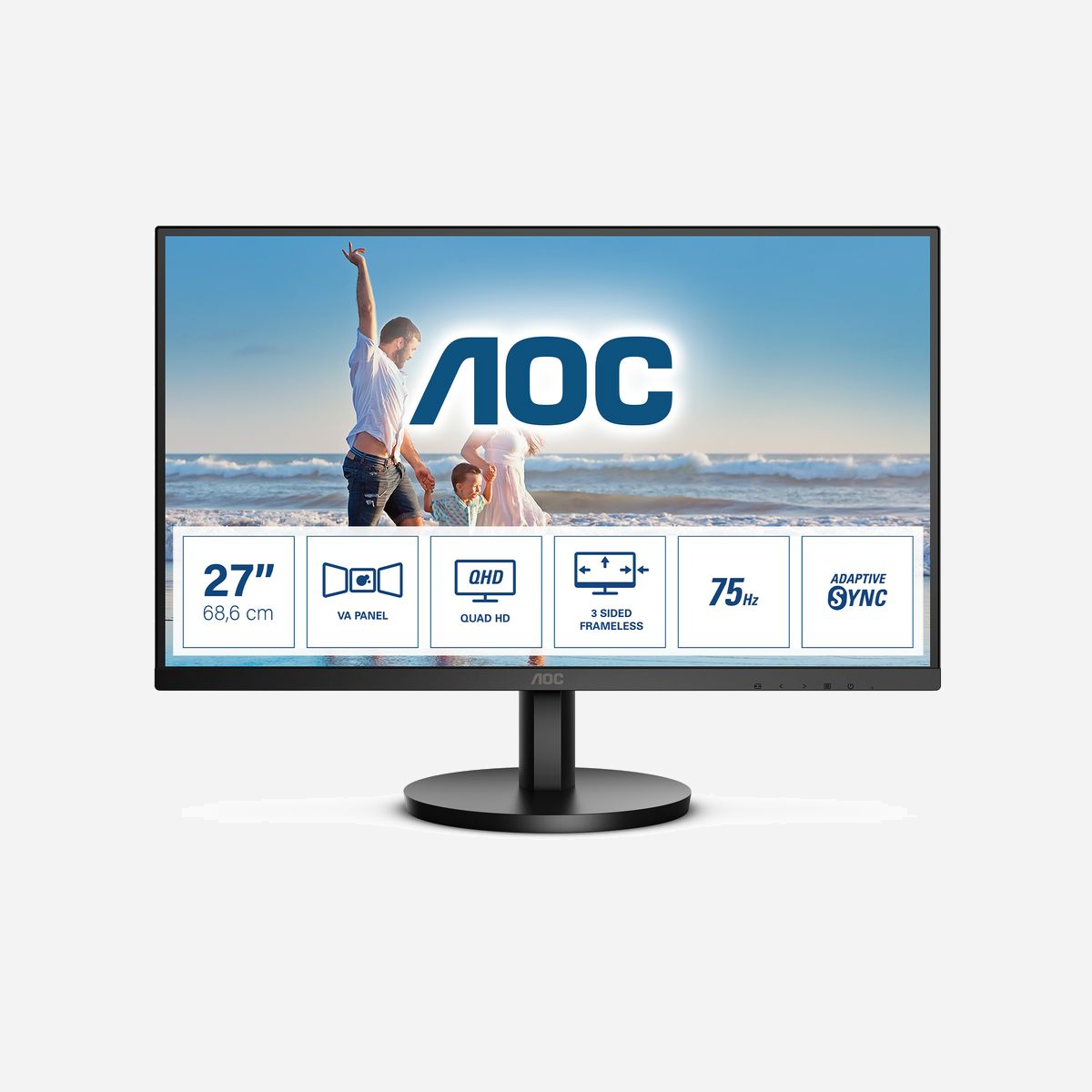 AOC Q27B3MA - Écran LED 27" QHD 2560x1440, Panel VA W-LED, 4ms, 75Hz, HDMI 1.4/DisplayPort 1.2, Adaptive Sync, Noir - <b>Solution fiable, confortable et pratique pour votre bureau à domicile</b><br>L'AOC Q27B3MA est un moniteur sans cadre à trois côtés de 27 pouces qui peut pleinement prendre en charge votre flux de travail quotidien, pour un bureau à domicile fiable, alliant qualité et confort. Profitez d'une image de grande qualité avec une résolution QHD, des angles larges et une luminosité maximale de 300 nits. Il comprend également une bonne gamme d'options de connectivité et de haut-parleurs internes.