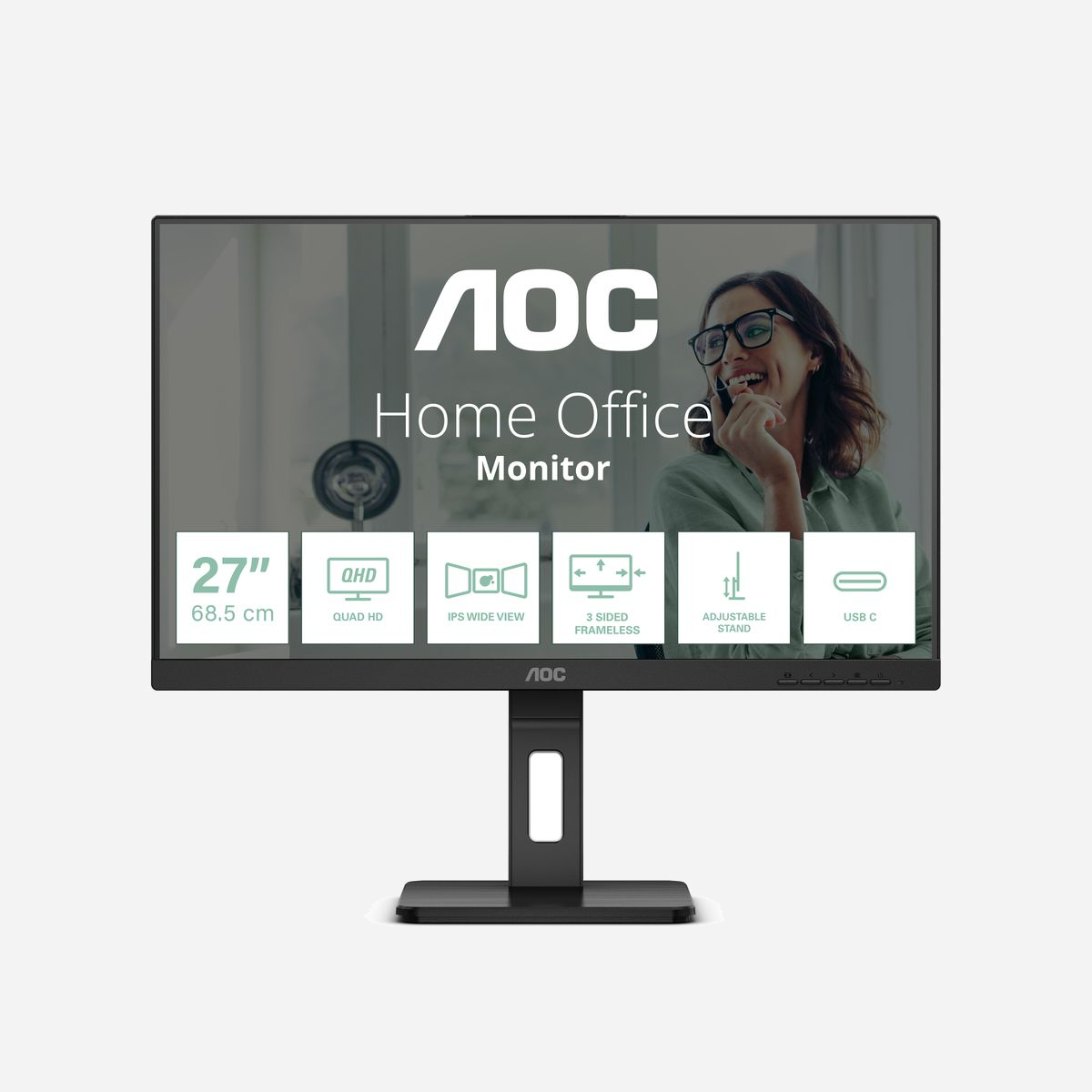 AOC Q27P3CV Moniteur 27" QHD IPS 2560x1440 75Hz 4ms, Hub USB-C 65W RJ-45, DisplayPort/HDMI, Luminosité 350cd/m², Temps de réponse 4ms - <b>Écran plat IPS QHD 27 pouces à 3 faces pour des journées de travail fluides et productives</b><br>L'AOC Q27P3CV est un moniteur IPS à écran plat de 27 pouces doté d'une conception attrayante de cadre ultrafin à trois côtés qui a tout ce dont vous avez besoin pour une productivité optimale. Une luminosité maximale de 350 nits, des angles de vision larges généreux de 178/178° et deux haut-parleurs 2W + 2W intégrés vous permettront de profiter de l'incroyable détail de la résolution QHD (2560 x 1440), qui offre une clarté et un contraste supérieurs pour l'édition de photos, vidéos, ou regarder des films. Le moniteur Q27P3CV est prêt à augmenter votre productivité avec USB-C prenant en charge l'alimentation jusqu'à 65 W, le transfert de données et le mode DP-alt. La connectivité de ce moniteur est améliorée par un hub USB, une sortie RJ-45 et une sortie DP. Pour garantir la consommation d'énergie la plus efficace, un éventail de certifications environnementales, notamment EPA, TCO et EPEAT, complète ce moniteur.