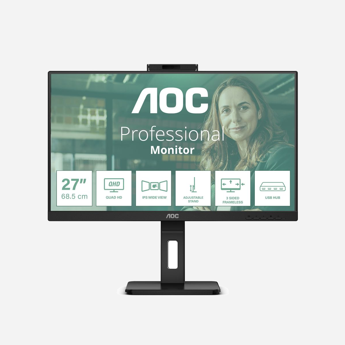 AOC Q27P3QW Moniteur 27" IPS QHD 2560x1440 75Hz 4ms 350cd/m² Webcam 2MP Windows Hello™ USB 3.2 Gen 1 Haut-parleurs intégrés - <b>Écran IPS plat QHD de 27 pouces pour une productivité accrue dans n'importe quel environnement de bureau</b><br>L'AOC Q27P3QW est un moniteur IPS à écran plat de 27 pouces doté d'une conception attrayante de cadre ultrafin à trois côtés qui facilitera et améliorera votre journée de travail. Profitez de la beauté et des détails de la résolution QHD (2560 x 1440), des angles de vision larges et de la luminosité maximale de 350 nits. Ce modèle comprend une variété d'options de connectivité, y compris une webcam 2MP intégrée avec Windows Hello™ pour une collaboration à distance facile associée à des haut-parleurs internes 5W + 5W pour un son de haute qualité.