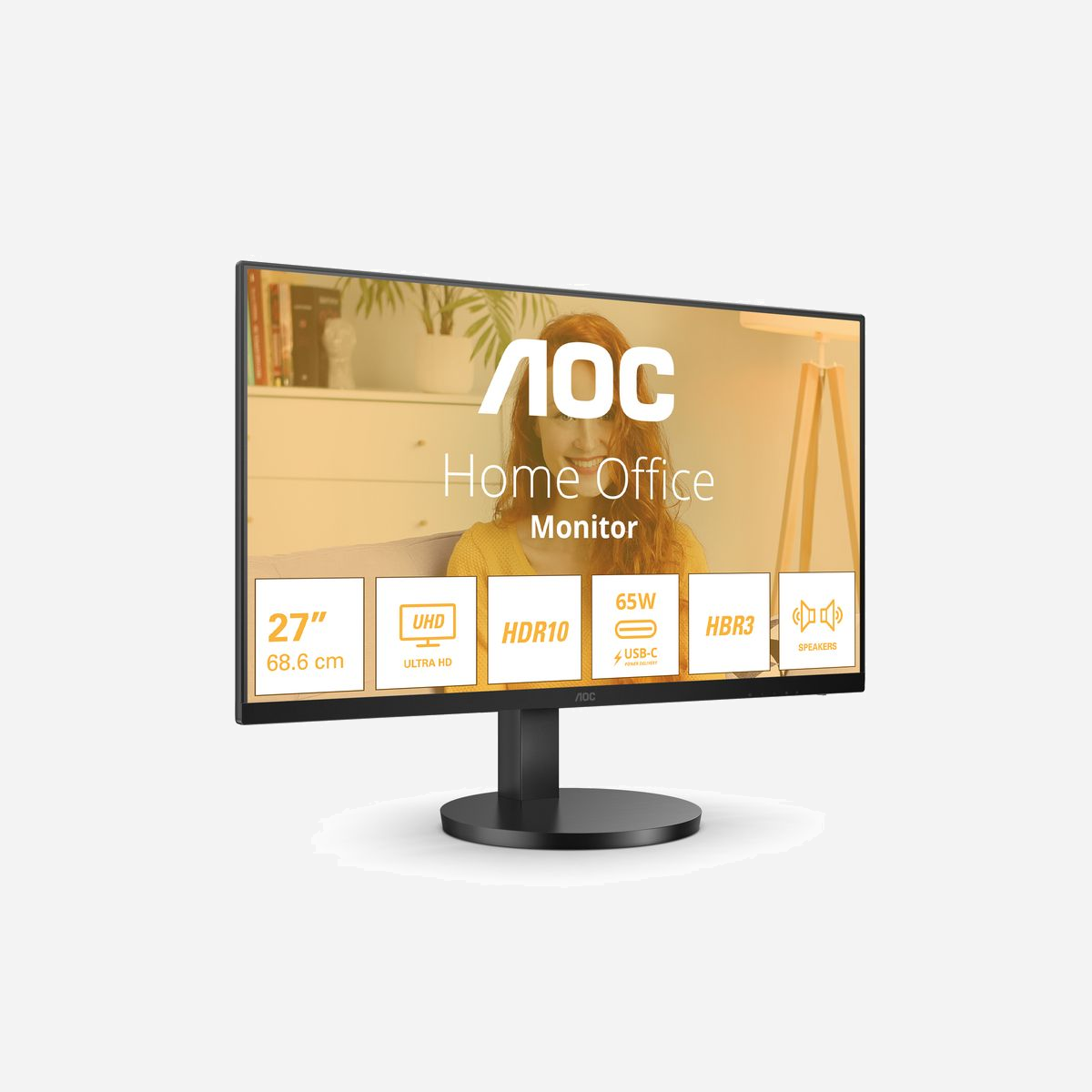 AOC U27B3CF Moniteur LCD 27" 4K UHD (3840x2160) IPS 60Hz, 4ms, 350cd/m², HDR10, USB-C (Power Delivery 65W), HDMI 2.0, Hub USB 3.2, Noir - <b>Moniteur UHD de 27 pouces doté d'une dalle IPS, du HDR10, de l'USB-C et d'un support réglable en hauteur.</b><br>Optimisez votre productivité avec l'écran AOC U27B3CF. Ce moniteur UHD de 27 pouces est doté d'une dalle IPS pour des couleurs vives et des angles de vision larges, associée à un taux de rafraîchissement continu de 60 Hz pour des visuels fluides. Le support réglable en hauteur garantit un confort ergonomique, réduisant la tension du cou pendant les longues heures de travail. La connectivité est facilitée par un port USB-C délivrant une puissance de 65 W, tandis que la prise en charge du HDR10 offre des graphismes d'une clarté époustouflante. Le moniteur comprend également des haut-parleurs intégrés de 2 watts pour une expérience audio améliorée.