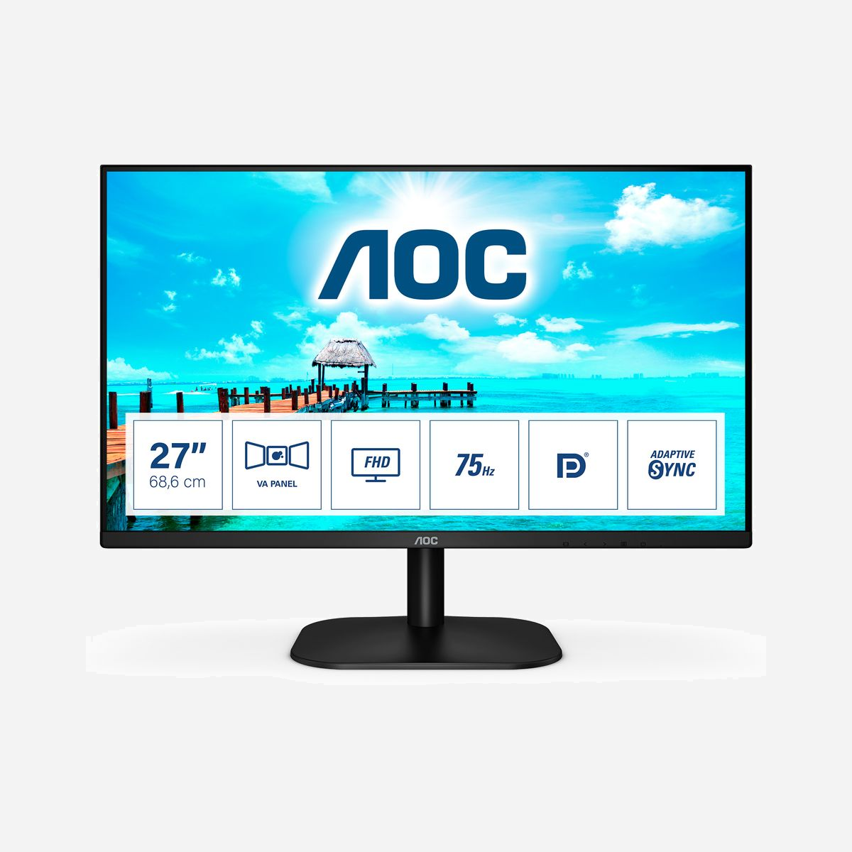 AOC 27B2QAM Moniteur LED 27" Full HD 1920x1080, Panel VA, Rétroéclairage W-LED, 4ms, 75Hz, HDMI 1.4, DisplayPort 1.2, VESA 100x100 - <b>Esthétique élégante et super-fine, entrées flexibles, grande dalle VA de 27", VA offrant des couleurs éclatantes et des fonctionnalités de protection oculaire</b><br>Le modèle 27B2QAM d'AOC est équipé d'une dalle VA de 27", Full HD qui affiche des couleurs réalistes. Les connexions HDMI assurent toute la souplesse nécessaire en termes de dispositifs source. Le modèle 27B2QAM est un excellent concurrent des configurations à plusieurs moniteurs grâce à un support VESA, l'absence de cadre sur 3 côtés et de larges angles de vision. Il est en outre équipé des technologies LowBlue et FlickerFree.