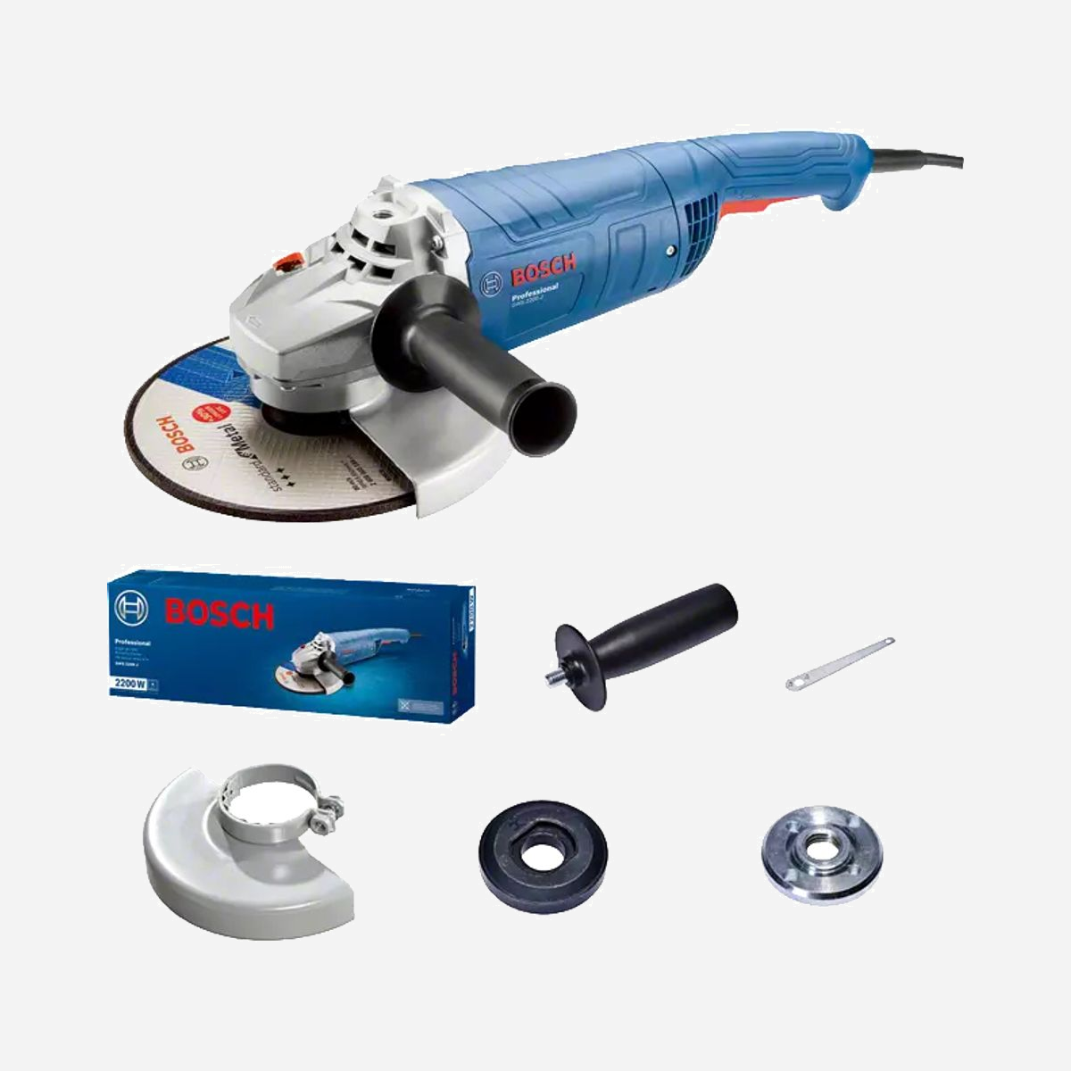 Bosch GWS 2200 J Professional Meuleuse d'Angle 230mm 2200W 6500tr/min M14 avec Démarrage en Douceur & Protection Anti-Redémarrage - Bosch GWS 2200 J PROFESSIONAL. Couleur du produit: Noir, Bleu, Argent. Diamètre du disque de la meuleuse: 23 cm, Vitesse de ralenti (max): 6500 tr/min, Taille de l'alésage: 2,22 cm. Source d'alimentation: Secteur, Puissance d'entrée: 2200 W, Puissance de sortie: 1254 W. Poids: 5,4 kg, Largeur: 310 mm, Hauteur: 480 mm