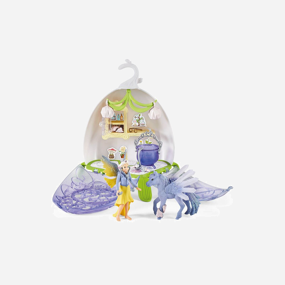 schleich BAYALA Cabinet Vétérinaire Magique 42523 avec figurine Sera, poulain Pégase, accessoires. 280x220x200mm. Recommandé 5-12 ans. - La nouvelle fleur « Cabinet de vétérinaire magique » de Schleich® bayala® est conçue sur mesure pour l’elfe vétérinaire Sera. Lorsqu’elle ouvre la fleur, elle met d’abord sa coiffe d’infirmière et emporte son stéthoscope qu’elle utilise pour ausculter ses patients. Elle concocte ensuite dans son chaudron des remèdes curatifs à base de champignons qu’elle remue grâce à sa louche. À présent, les consultations peuvent commencer. En cas de nécessité, Sera a en réserve deux bandages floraux, une seringue et des pansements autocollants colorés. Pour que tout le monde se sente à l’aise, elle a spécialement embelli la fleur du cabinet de vétérinaire d’un joli lampion et d’une guirlande florale. Son assistant très affairé est le petit poulain violet Pégase, avec ses magnifiques ailes de cristal. Comme il ne voit pas très bien, Sera offre au petit poulain de jolies lunettes. Tous deux aiment embellir la fleur « Cabinet de vétérinaire magique » avec des autocollants colorés réutilisables encore et encore. Pour finir, Sera referme la fleur... jusqu’à la prochaine consultation.