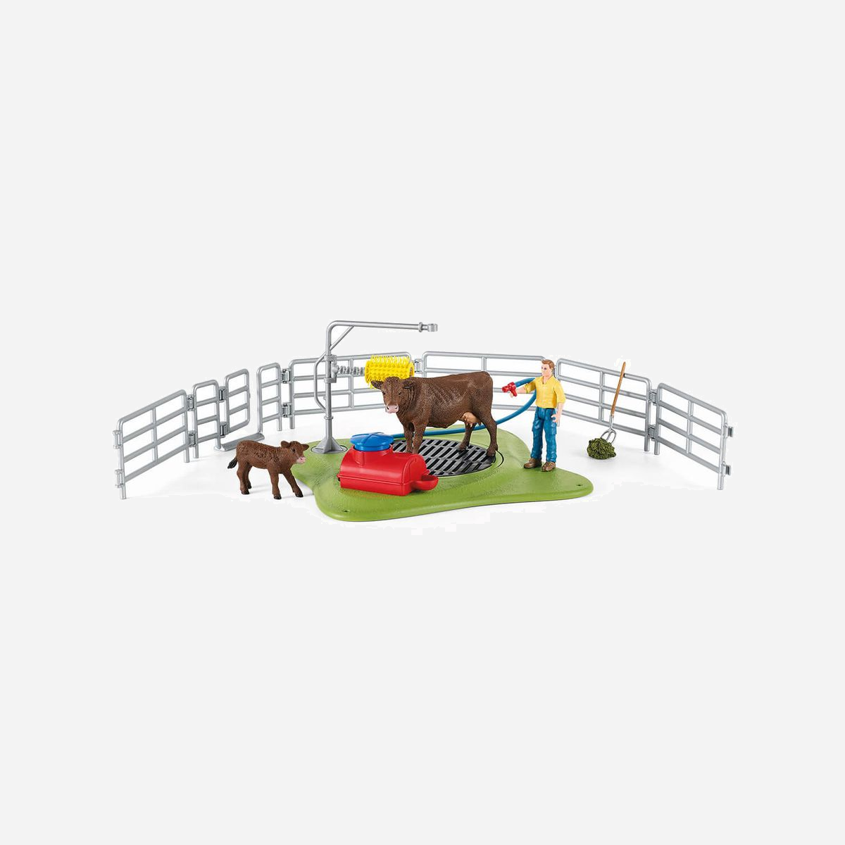 schleich FARM WORLD 42529 - Station de Lavage Vache Multicolore, 3 Figurines, Dès 3 ans, Assemblage requis, 570x400x170 mm, Fabrication Allemande - Aujourd’hui, c’est le grand nettoyage : la nouvelle station de lavage de vaches Schleich® FARM WORLD est très animée ! Les vaches reviennent des pâturages et doivent être lavées avant de rejoindre l’étable. Le jeune veau est particulièrement impatient. Aujourd’hui, il se rend à la station de lavage avec sa mère pour la première fois. L’agriculteur FW Martin a appuyé sur la pompe à eau et c’est parti : comme c’est amusant ! Le petit veau se positionne sur le disque rotatif pour qu’on puisse le laver sous tous les angles. Après lui avoir fait prendre une petite douche, l’agriculteur FW Martin le masse rapidement avec la brosse. Comme c’est amusant !