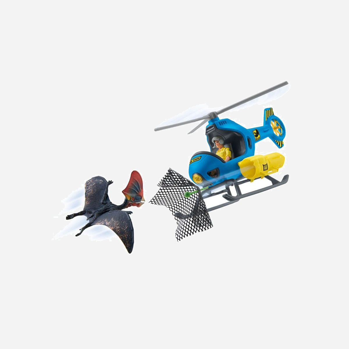 schleich Dinosaurs 41468 : Hélicoptère d'Attaque Aérienne avec Figurine Luis et Tapejara, Accessoires (Canon, Filet), 4+, 250x150x200mm - L’hélicoptère d’attaque aérienne DINOSAURS de Schleich® convient tout particulièrement à la poursuite et à la capture de dinosaures depuis les airs. Le spécialiste des dinosaures Luis a développé un canon anesthésiant spécialement conçu pour être embarqué dans l’hélicoptère. Luis part faire un petit tour en hélicoptère. Mais attention ! Le grand tapejara ne supporte pas que l’hélicoptère fasse intrusion sur son territoire et se lance aussitôt à sa poursuite. Luis actionne habilement sa manette et effectue rapidement un virage à 180 degrés. Le tapejara tente une esquive, mais Luis a déclenché la fléchette anesthésiante et le filet de capture juste à temps. Le dinosaure est pris au piège et Luis peut le transporter facilement avec son hélicoptère grâce au treuil.