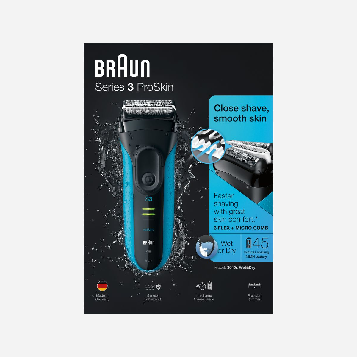 Braun Series 3 ProSkin 3045s Rasoir Électrique à Grille Noir/Bleu, 3 Éléments de Rasage, Wet&Dry, Tondeuse Précision, Batterie NiMH 45min, Charge Rapide 5min - Le rasoir électrique rechargeable Braun Series 3 ProSkin 3045s à grille offre un rasage efficace même sur les barbes de 3 jours. Obtenez d’excellents résultats du début à la fin, avec la tondeuse de précision rétractable intégrée - idéale pour façonner les moustaches et les pattes - 3 éléments de rasage flottants qui s’adaptent à vos contours pour plus de confort - un micro-peigne spécialisé pour capturer plus de poils au premier passage * pour un rasage plus rapide et plus doux. La fonction de Technologie Wet & Dry permet une utilisation sous la douche ou avec une mousse ou un gel à raser pour une peau plus douce au toucher.<br>*Comparé à l’ancien modèle Braun Series 3. Rasoir électrique testé sur barbes de 3 jours.
