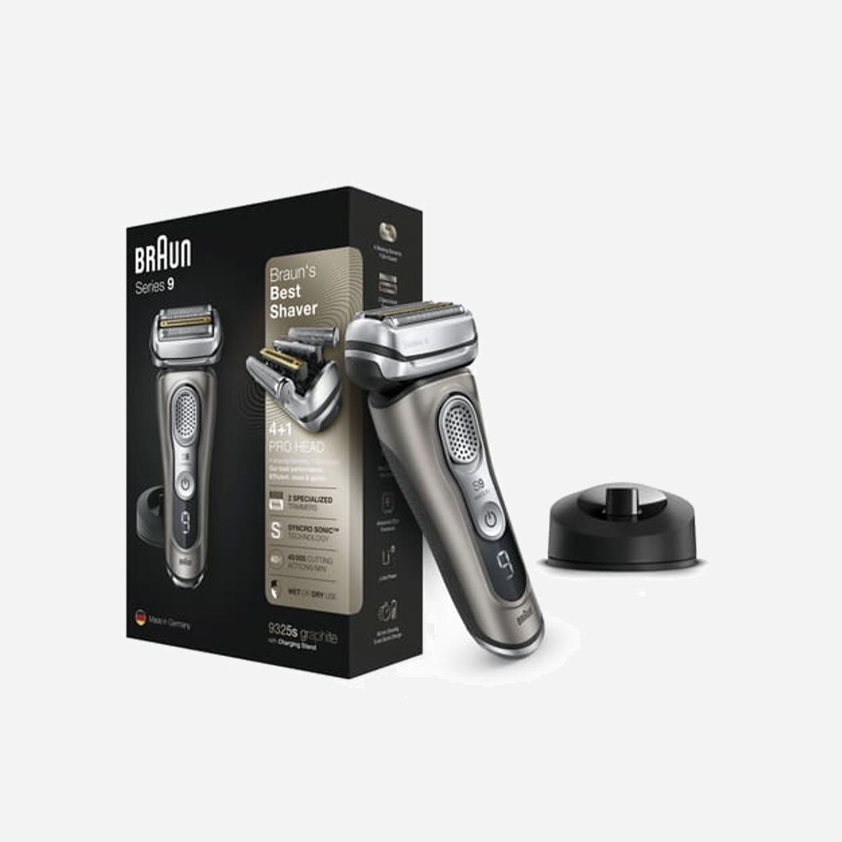 Braun Series 9 81666380 Rasoir Électrique Graphite, Système de Rasage à Grille, Tondeuse, Écran LED, Autonomie 60min, Recharge 1h, Batterie Li-Ion, Wet&Dry - Le Braun Series 9 est le rasoir electrique homme le plus efficace au monde. Les 5 éléments de rasage capturent plus de poils en un seul passage pour un rasage impeccable. Ce rasoir à grille vous offre un rasage doux et de près, sans compromis. Le rasoir électrique glisse sur la peau et convient au rasage avec ou sans eau. Vous pouvez désormais vous raser sans fil pendant plus longtemps (60 min) avec 20 % de batterie en plus que le rasoir barbe Series 9 précédent. Inclut l’affichage Pro avec tableau de bord de performance. Tous les rasoirs Series 9 sont fabriqués en Allemagne avec un savoir-faire haut de gamme. Produit recommandé par le magazine GQ.<br><br>Contenu de la boîte : rasoir électrique, base de recharge, étui de voyage en tissu, prise d’alimentation, brosse de nettoyage, mode d’emploi, garantie