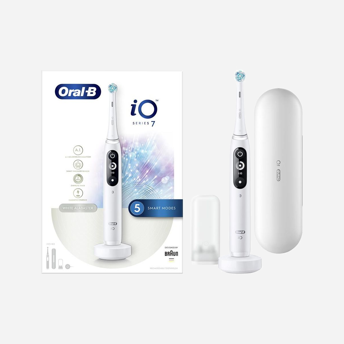 Oral-B iO Brosse à Dents Électrique Rotative Adulte 4210201362982 Blanche : 5 modes, Bluetooth, Batterie intégrée 3h, 1 poignée & tête, Étui voyage. - Oral-B iO 4210201362982. Utilité: Adulte, Type de brosse à dents: Brosse à dents rotative, Modes de brossage de dents: Soin quotidien, Nettoyage en profondeur, Soins des gencives, Sensible, Blanchiment. Source d'alimentation: Batterie, Type de batterie: Batterie intégré, Temps de charge: 3 h. Type d'emballage: Boîte. Nombre de poignées fournis: 1 pièce(s), Nombre de têtes de brossage incluses: 1 pièce(s)