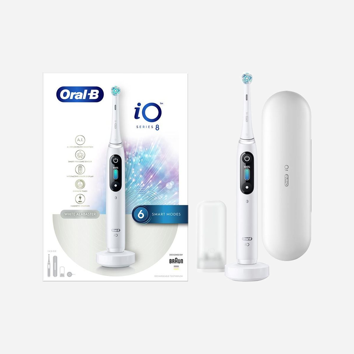 Oral-B iO Brosse à Dents Électrique Rotative Adulte 4210201363064 - 6 Modes, Batterie Intégrée 3h, Bluetooth, Étui de Voyage, 1 Poignée, 1 Brosse - Oral-B iO 4210201363064. Utilité: Adulte, Type de brosse à dents: Brosse à dents rotative, Modes de brossage de dents: Soin quotidien, Nettoyage en profondeur, Soins des gencives, Sensible, Blanchiment. Source d'alimentation: Batterie, Type de batterie: Batterie intégré, Temps de charge: 3 h. Type d'emballage: Boîte. Nombre de poignées fournis: 1 pièce(s), Nombre de têtes de brossage incluses: 1 pièce(s)