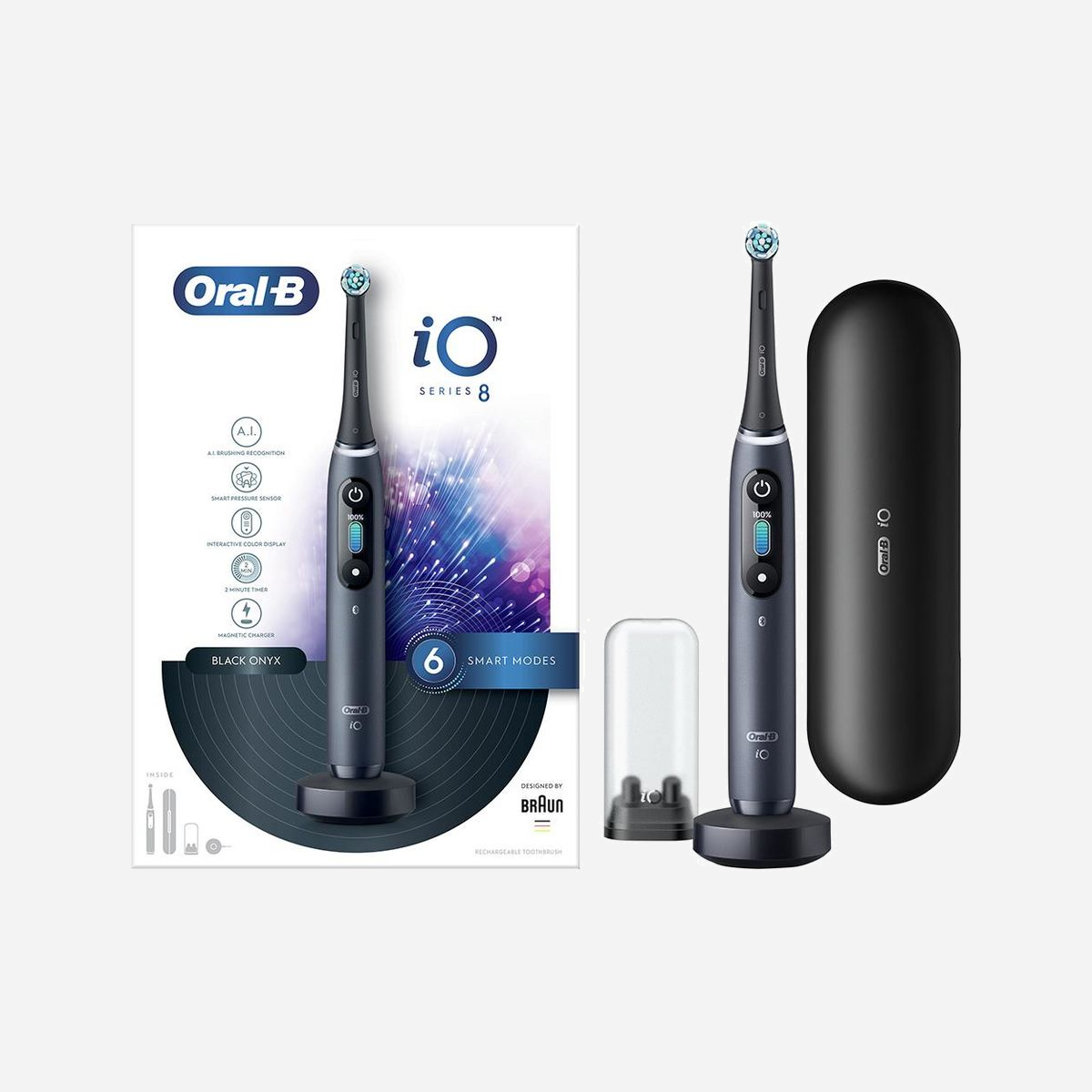 Oral-B iO - Brosse à Dents Électrique Rotative Adulte - 6 Modes (Soin, Nettoyage Profond, Gencives, Sensible, Blanchiment) - Batterie 3h - Bluetooth - Noir - Oral-B iO 4210201363095. Utilité: Adulte, Type de brosse à dents: Brosse à dents rotative, Modes de brossage de dents: Soin quotidien, Nettoyage en profondeur, Soins des gencives, Sensible, Blanchiment. Source d'alimentation: Batterie, Type de batterie: Batterie intégré, Temps de charge: 3 h. Type d'emballage: Boîte. Nombre de poignées fournis: 1 pièce(s), Nombre de têtes de brossage incluses: 1 pièce(s)