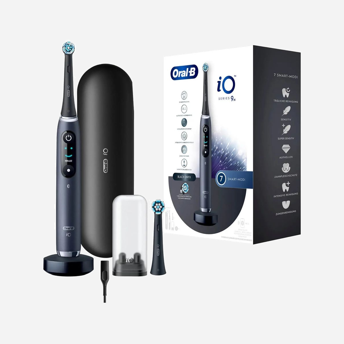 Oral-B iO Series 9N Brosse à Dents Vibrante Adulte Noire, 7 Modes, Minuteur 2min, Capteur de Pression, Batterie Intégrée, 1 Poignée, 1 Brossette - Oral-B iO Series 9N. Utilité: Adulte, Type de brosse à dents: Brosse à dents vibrante, Modes de brossage de dents: Soin quotidien, Soins des gencives, Intense, Sensible, Super sensitive, Blanchiment. Source d'alimentation: Batterie, Type de batterie: Batterie intégré. Type d'emballage: Boîte. Nombre de poignées fournis: 1 pièce(s), Nombre de têtes de brossage incluses: 1 pièce(s)