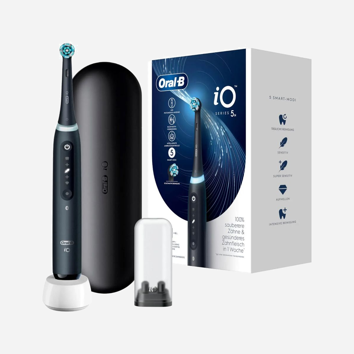 Oral-B iO Series 5 Brosse à Dents Vibrante Noire, 5 Modes, Minuteur 2min, Capteur de Pression, Batterie Intégrée, 1 Poignée & 1 Brossette - Oral-B iO Series 5. Utilité: Adulte, Type de brosse à dents: Brosse à dents vibrante, Modes de brossage de dents: Soin quotidien, Intense, Sensible, Super sensitive, Blanchiment. Source d'alimentation: Batterie, Type de batterie: Batterie intégré. Type d'emballage: Boîte. Nombre de poignées fournis: 1 pièce(s), Nombre de têtes de brossage incluses: 1 pièce(s)