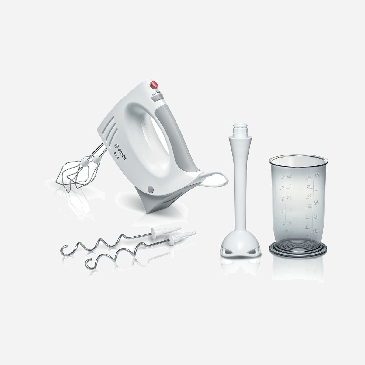 Bosch MFQ3540 Batteur à Main 450W Gris/Blanc : 5 Vitesses + Pulse, Fouets Turbo Inox, Crochets Pétrisseurs, Pied Mixeur Plongeant, Hachoir - - Puissance: 450 W<br>- Moteur puissant tout en étant léger et silencieux<br>- 5 vitesses<br>- Touche Pulse<br>- 2 fouets turbo inox<br>- 2 crochets pétrisseurs inox<br>- Pied mixeur plongeant plastique avec lames inox<br>- Pied mixeur facilement amovible grâce au bouton d'éjection automatique<br>- Bouton d’éjection automatique des accessoires<br>- Poignée antidérapante au revêtement «Soft-Touch »<br>- Bol mixeur gradué avec couvercle
