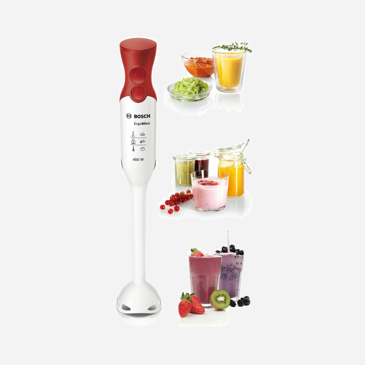Bosch MSM64010 - Mixeur Plongeant 450W, 2 Vitesses, Lame Inox 4 Lames, Pied Amovible Thermorésistant, Récipient Gradué, Rouge/Blanc - - 450 watts<br>- Mixeur-plongeur puissant de forme élancée<br>- Poignée "Soft-touch" optimal avec des grands boutons et une forme ergonomique<br>- Moteur silencieux, peu vibrant<br>- Fonction turbo pour une puissance maximale<br>- Pied extra-long en matière synthétique, résistant à la chaleur, avec couteau en inox<br>- Couteau révolutionnaire à quatre lames pour des résultats parfaits<br>- Pied du mixeur facilement amovible<br>- Pied-mixeur ainsi que tous les accessoires à l'exception des entraînements peuvent être lavés au lave-vaiselle<br>- Récipient gradué transparant avec couvercle<br>- Prix marché conseillé, TVA et Recupel inclus