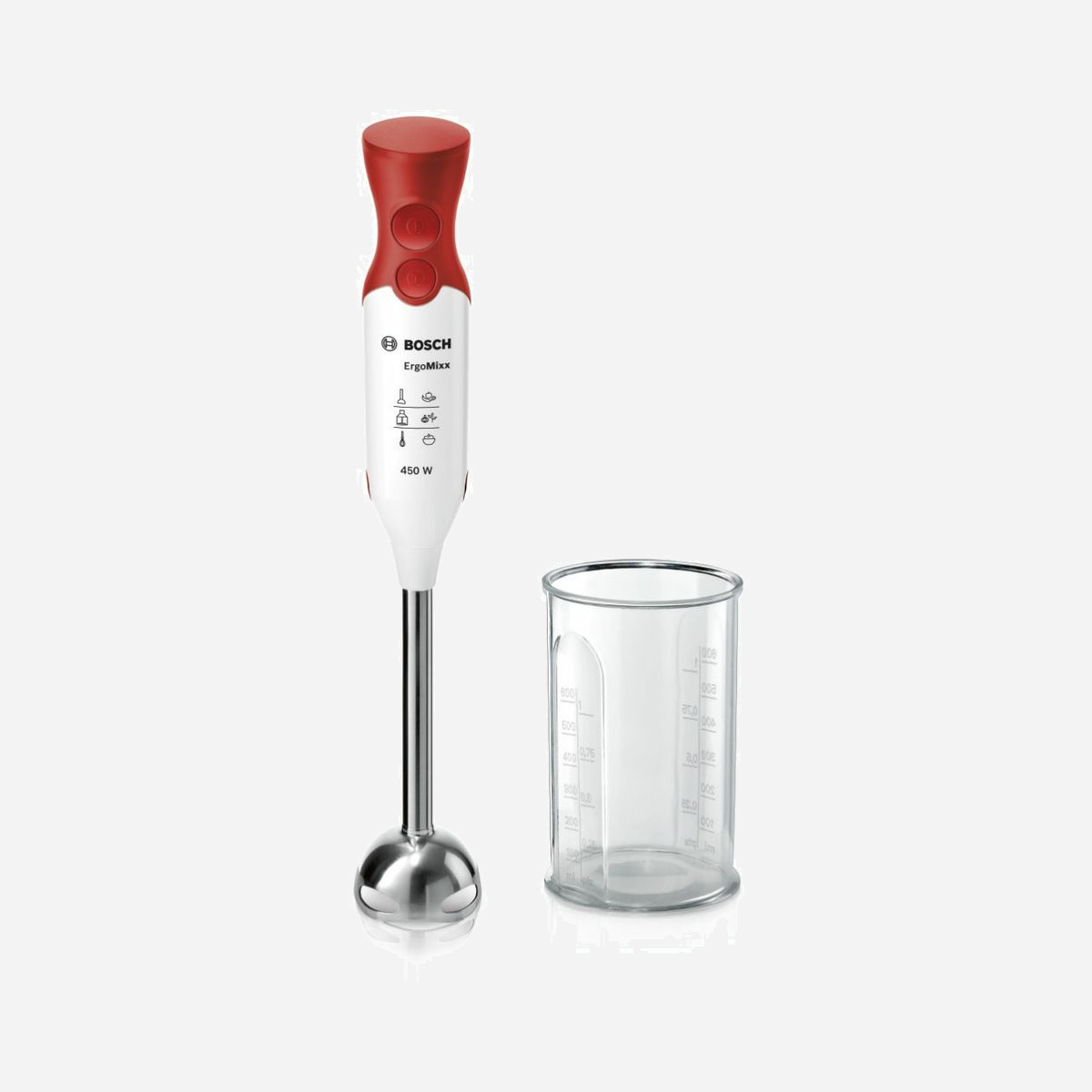 Bosch MSM64110 Mixeur Plongeant 450W - Acier Inox, 2 Vitesses, Turbo - Gobelet Doseur - Rouge/Blanc - 55x62x393mm - Secteur 220-240V - - Puissance : 450 Watt<br>- Excellente prise en main grâce au revêtement Soft-touch de la poignée, aux larges boutons et au design ergonomique<br>- Pied mixeur inox<br>- Système innovant de 4 lames inox aiguisées pour des préparations onctueuses et homogènes en un clin d’oeil<br>- Touche turbo pour une puissance optimale<br>- Gobelet doseur transparent gradué et couvercle<br>- Pied mixeur facilement amovible grâce au bouton d'éjection automatique