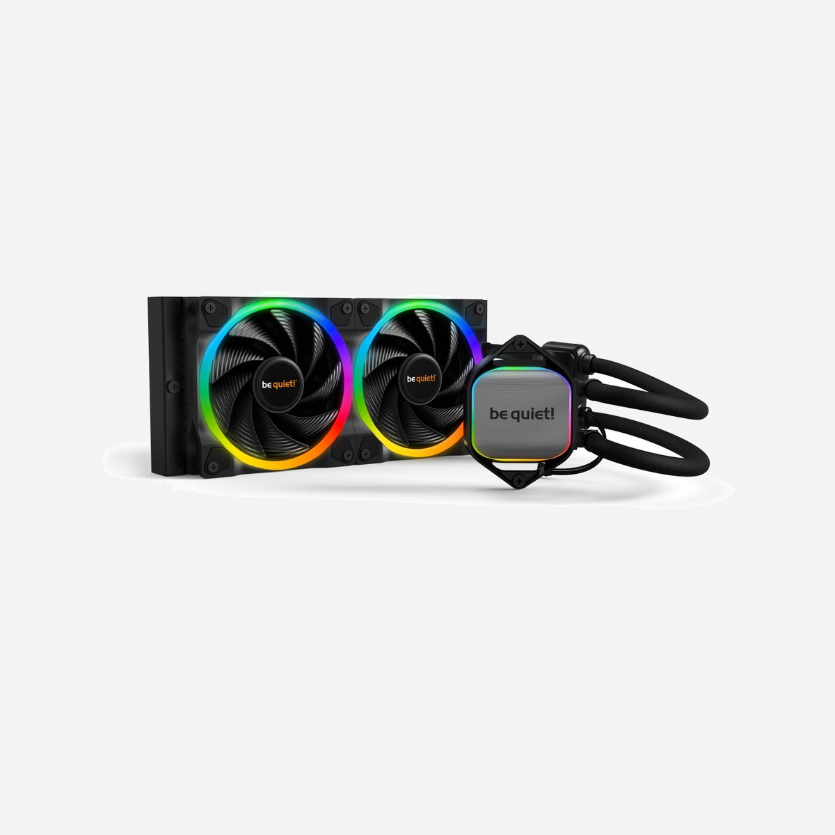 be quiet! Pure Loop 2 FX 240 mm Refroidisseur liquide AIO, Radiateur 240mm, ARGB, compatible Intel LGA 115x/1200/1700/20xx AMD AM4/AM5, 2x120mm, 8-32.3 dB - <b>Effets lumineux spectaculaires, refroidissement puissant</b><br>Le Pure Loop 2 FX 240 mm est une solution de watercooling tout-en-un, à la fois silencieuse et très performante, équipée d’un éclairage ARGB spectaculaire. Avec son design noir et son éclairage ARGB, le Pure Loop 2 FX 240 mm attire tous les regards. La pompe PWM, entièrement repensée, assure des performances accrues tout en garantissant un fonctionnement silencieux. Livré avec une bouteille de liquide de refroidissement, le Pure Loop 2 FX 240 mm affiche sa volonté d'être le choix idéal de tous les utilisateurs sensibles au design.