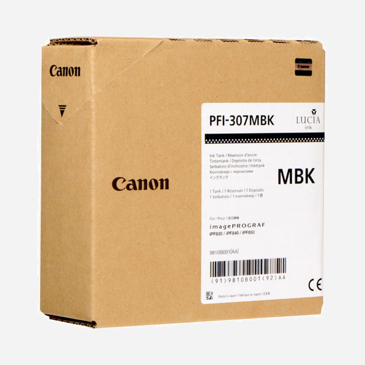 Canon PFI-307MBK Cartouche d'encre Noir Pigment 330ml (9810B001) - Compatible imagePROGRAF iPF830/840/850 - Canon PFI-307MBK. Type d’encre noire: Encre à pigments, Volume d'encre noire: 330 ml, Couleurs d'impression: Noir