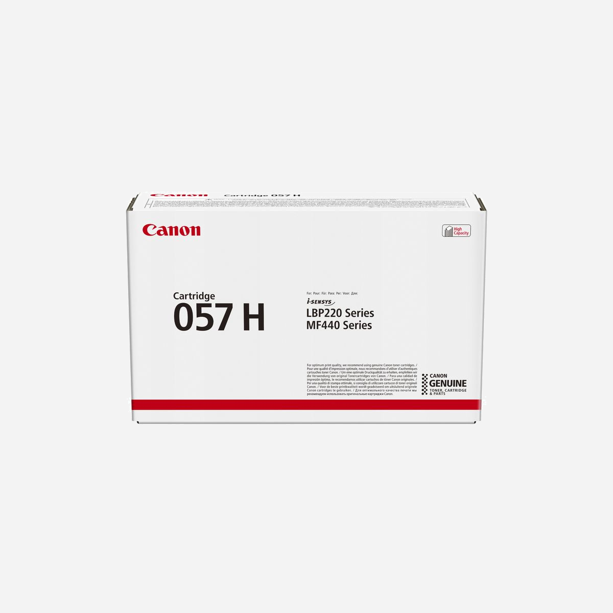 Canon i-SENSYS 057H Cartouche Toner Noir Original (3010C002) - 10000 pages - i-SENSYS LBP223dw/226dw, MF443dw/445dw - Technologie Laser - Espacez les remplacements de toner et réduisez le coût d'impression par page grâce à cette cartouche à haut rendement. Boostez votre productivité avec un rendement allant jusqu'à 10.000 pages et bénéficiez des avantages de la qualité supérieure d'une cartouche Canon d'origine. Les remplacements deviennent un jeu d'enfant : l'installation facile permet à tout membre du personnel d'effectuer un changement de cartouche, tandis que la technologie de retrait de l'opercule automatique promet un remplacement toujours facile et propre.<br><br>Espacez les remplacements de toner et maintenez un niveau de productivité élevé grâce à des rendements allant jusqu'à 10.000 pages par cartouche<br><br>Optimisez la durée de vie de l'imprimante et la qualité d'impression grâce à une encre Canon d'origine spécifiquement conçue pour la gamme i-SENSYS<br><br>Renvoyez vos cartouches de toner afin qu'elles soient réutilisées ou recyclées. C'est gratuit, simple et écologique<br><br>Éliminez les tracas et le gâchis d'encre lors des remplacements de toner grâce à la technologie de retrait de l'opercule automatique<br><br>Faites un pas vers la réduction de votre empreinte carbone grâce à un emballage entièrement recyclable