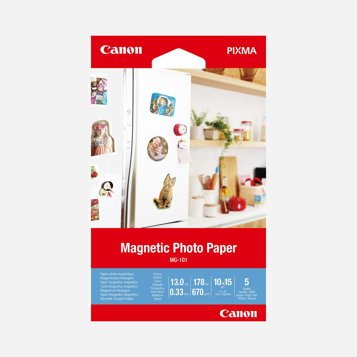 Canon Papier Photo Magnétique MG-101 10x15cm 5 Feuilles (3634C002) Compatible PIXMA iP110 wb, E204, G2501, MG2550S, MG6650 - Mettez en valeur vos photos préférées à la maison, en les imprimant simplement sur un papier photo magnétique, inclus à la gamme créative de supports d'impression proposée par Canon. Compatible avec la toute nouvelle gamme d'imprimantes Canon à la pointe de la technologie, le papier photo magnétique vous offre la possibilité de donner vie à vos images et à les coller sur n'importe quelle surface magnétique de votre maison ou votre bureau. Personnalisez vos pièces, décorez votre réfrigérateur en y exposant vos photos, créez instantanément des jeux éducatifs ou des documents à conserver.