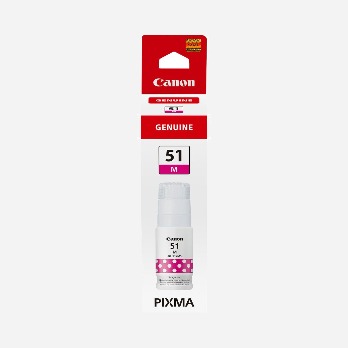Canon GI-51M Bouteille d'Encre Magenta Originale, Rendement 7700 Pages, Jet d'Encre, Compatibilité PIXMA G1520/G2520/G2560/G3520/G3560, Japon - Réduisez le coût d'impression par page et prolongez le délai entre les recharges grâce à une encre à haut rendement, permettant l'impression de 7700 pages¹ avec un ensemble complet de recharges d'encres couleur. Idéales pour les utilisateurs qui impriment des volumes élevés de documents et d'images, ces recharges garantissent des résultats de haute qualité, offrant des documents et des photos nets et éclatants. Ces bouteilles d'encre éliminent également le gaspillage et les bavures grâce à leur format rigide innovant. Grâce aux embouts équipés de "détrompeurs", vous êtes sûr de remplir chaque réservoir avec la bonne bouteille, de façon à éviter les erreurs lors des recharges.