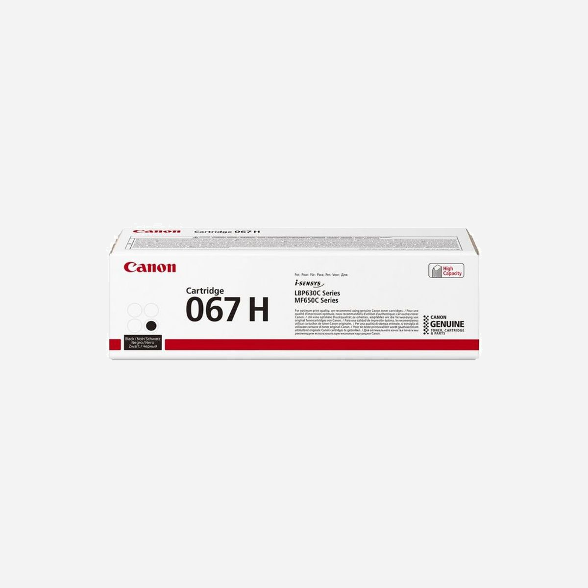 Canon 067H Cartouche Toner Noir Original Haut Rendement (3130 pages) - Compatible i-SENSYS/LBP631Cw/LBP633Cdw/MF651Cw/MF655Cdw/MF657Cdw (5106C002) - Une cartouche de toner noir à haut rendement offrant des impressions durables de haute qualité avec les imprimantes i-SENSYS compatibles<br><br>Utilisez la cartouche de toner noir à haut rendement 067H avec votre imprimante laser compatible pour garantir des impressions toujours impeccables. Une cartouche pleine donne un rendement d'environ 3130 pages (ISO/IEC 19798), offrant la longévité nécessaire pour répondre à toutes vos demandes d'impression.<br><br>- Assurez une qualité d'impression optimale avec les cartouches de toner Canon d'origine<br>- Imprimez davantage avec une cartouche noir à haut rendement pour des impressions d'environ 3130 pages<br>- Conforme à la directive RoHS (2011/65/UE) et à ses amendements, y compris (2015/863/UE) et à d'autres législations similaires à la directive RoHS dans les pays/régions hors UE, ce qui signifie que les matériaux sont moins dangereux pour l'environnement<br>- Renvoyez vos cartouches de toner afin qu'elles soient réutilisées ou recyclées : c'est gratuit, simple et écologique