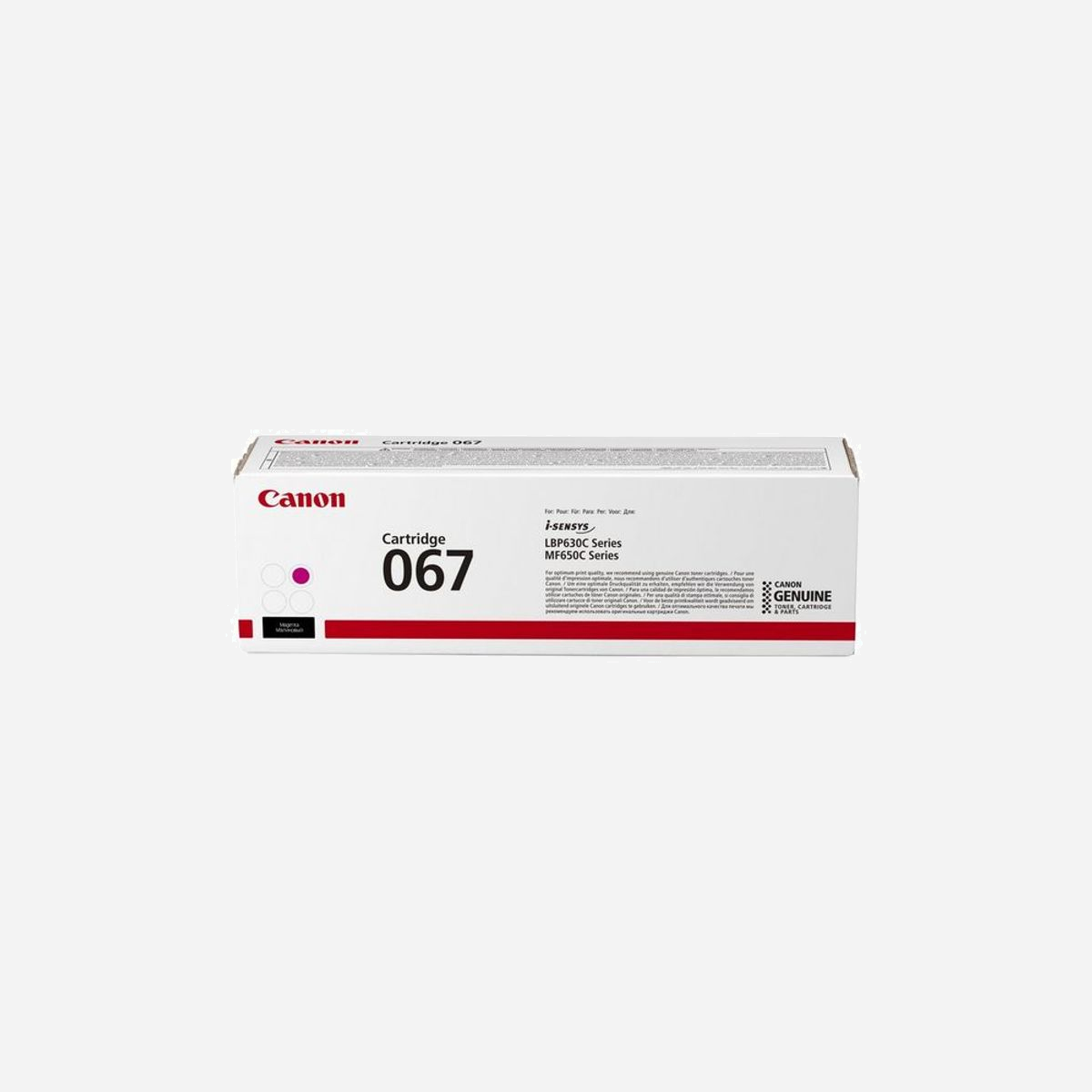 Canon 067 Cartouche Toner Magenta Original (5100C002) - Rendement 1250 pages ISO/IEC 19798 - Compatible i-SENSYS et LBP - Certification RoHS - Une cartouche de toner magenta offrant des impressions durables de haute qualité avec les imprimantes i-SENSYS compatibles<br><br>Utilisez la cartouche de toner magenta 067 avec votre imprimante laser compatible pour garantir des impressions toujours impeccables. Une cartouche pleine donne un rendement d'environ 1250 pages (ISO/IEC 19798), offrant la longévité nécessaire pour répondre à toutes vos demandes d'impression.<br><br>- Assurez une qualité d'impression optimale avec les cartouches de toner Canon d'origine<br>- Profitez de rendements d'environ 1250 pages avec une cartouche magenta standard<br>- Conforme à la directive RoHS (2011/65/UE) et à ses amendements, y compris (2015/863/UE) et à d'autres législations similaires à la directive RoHS dans les pays/régions hors UE, ce qui signifie que les matériaux sont moins dangereux pour l'environnement<br>- Renvoyez vos cartouches de toner afin qu'elles soient réutilisées ou recyclées : c'est gratuit, simple et écologique