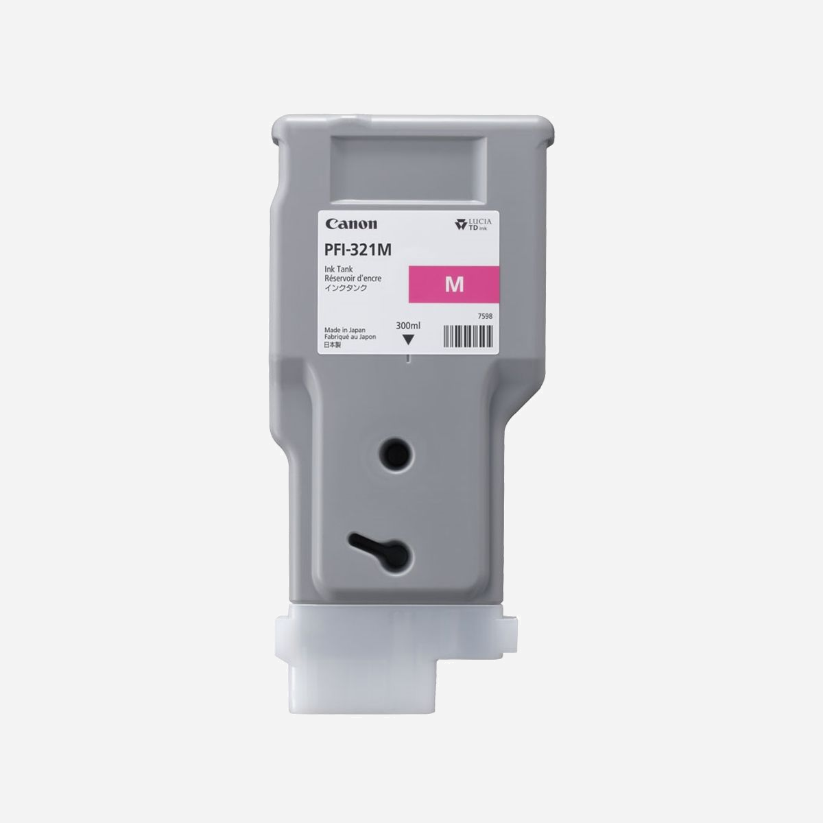 Canon PFI-321 M Cartouche d'encre Magenta 300ml Pigmentée, Rendement Standard, pour imagePROGRAF TM-355/350/255/250 - Réf. 6269C001 - Canon PFI-321 M. Type d’encre de couleur: Encre à pigments, Type de cartouche d'encre: Rendement standard, Type d'alimentation: Paquet unique, Volume d'encre de couleur: 300 ml, Couleurs d'impression: Magenta, Quantité: 1 pièce(s)