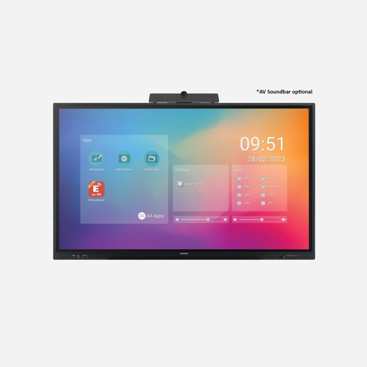 Sharp PN-LC652 Écran LCD 65" 4K Ultra HD Tactile Infrarouge 20 Points, 3840x2160, Panel IPS LED Direct, 450cd/m², Android 11, ARM Cortex-A55, 8GB RAM - Sharp PN-LC652. Taille de l'écran: 165,1 cm (65"), Technologie d'affichage: LCD, Résolution de l'écran: 3840 x 2160 pixels. Puissance évaluée de RMS: 30 W. Couleur du produit: Noir, Mise en page: horizontale, Forme d'écran: Plat. Connecteur USB: USB Type-A, USB Type-B, USB Type-C. Fabricant de processeur: ARM, Famille de processeur: ARM Cortex, L'architecture du processeur: ARM Cortex-A55