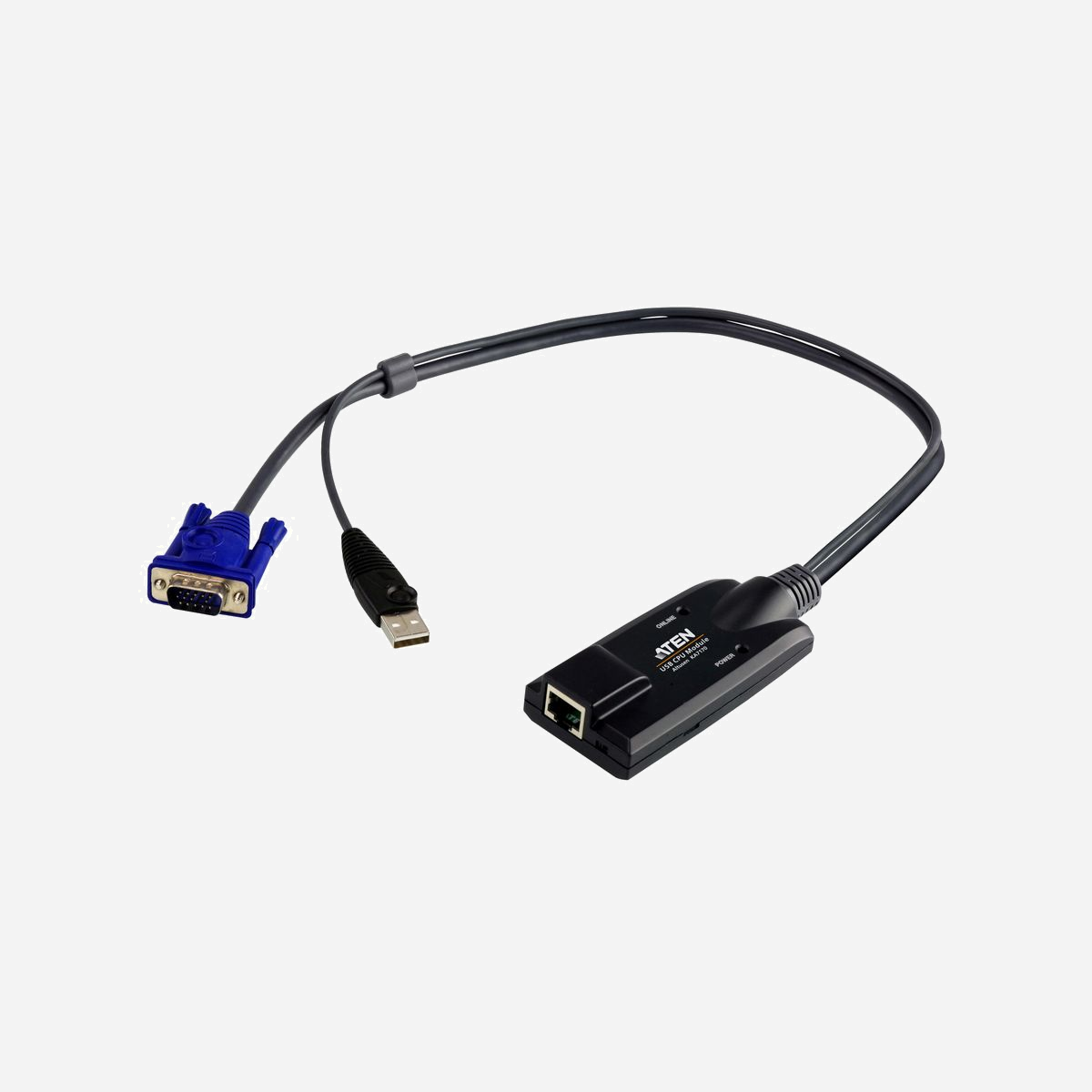ATEN KA7170-AX Adaptateur KVM USB VGA vers RJ-45, Console USB, Vidéo VGA, Connecteurs RJ-45 Femelle / USB Type A et HDB-15 Mâle. - Le câble adaptateur KVM USB KA7170 permet de raccorder le commutateur KVM aux ports vidéo et USB de l’ordinateur cible. Peu encombrant et léger, il représente la nouvelle génération de câbles adaptateurs KVM USB et offre des techniques de compensation de signal et de déphasage supérieures qui garantissent une qualité vidéo améliorée.<br>1 câble adaptateur KVM<br>1 kit de montage sur bâti<br>1 guide de montage sur bâti