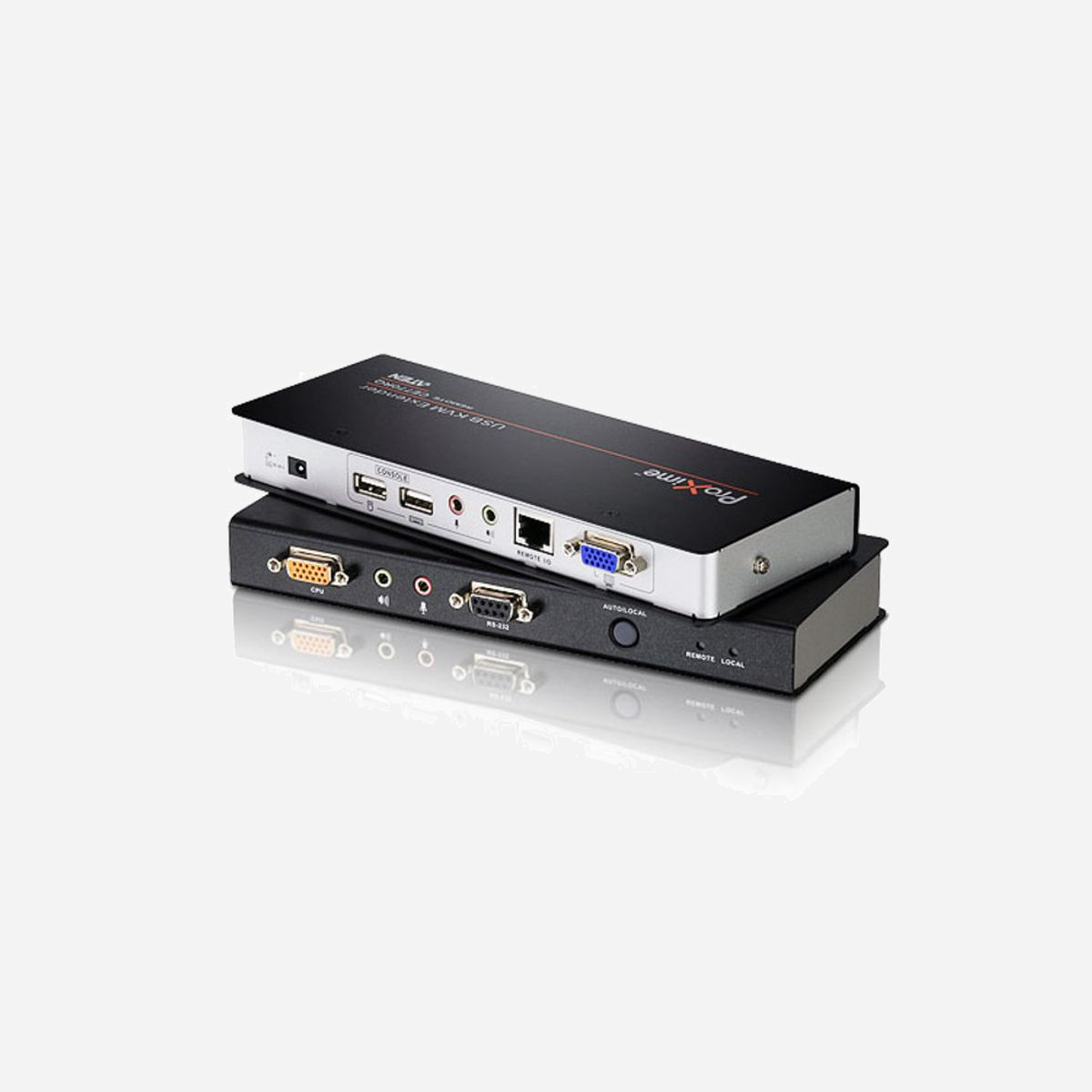 ATEN CE770-AT-G : Extension KVM USB VGA Audio Cat 5, portée 300m, résolution jusqu'à 1920x1200, émetteur/récepteur, montage rackable, noir - Le système CE770 est un système d’extension KVM basé sur USB avec fonction de compensation de signal. La compensation de signal automatique et la fonctionnalité série RS-232 permettent d’accéder à un système informatique depuis une console USB distante.<br>1 système d’extension KVM USB CE770L (unité locale)<br>1 système d’extension KVM USB CE770RQ (unité distante)<br>1 câble KVM USB (1,8 m)<br>2 adaptateurs secteur 0AD8-1605-24M1<br>1 kit de montage<br>1 manuel d’utilisation
