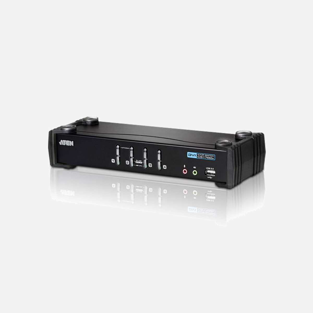 ATEN Commutateur KVMP™ CS1764A-AT-G : 4 Ports DVI USB 2.0, Résolution WUXGA 1920x1200, Hub USB 2.0 Intégré, Audio 3.5mm, Métal. - Le commutateur KVMP™ DVI USB 2.0 CS1764A CubiQ™ représente une véritable révolution dans le monde des commutateurs KVM (clavier, vidéo, souris) en combinant un port KVM à 4 ports et un concentrateur USB 2.0 à 2 ports tout en offrant une interface pour un moniteur numérique (DVI).<br>1 x commutateur KVMP™ DVI USB 2.0 CS1764A<br>4 x 2L-7D02U câbles KVM DVI-D Single Link USB <br>1 x 0AD8-1605-24M1 adaptateur secteur <br>1 x manuel d’utilisation