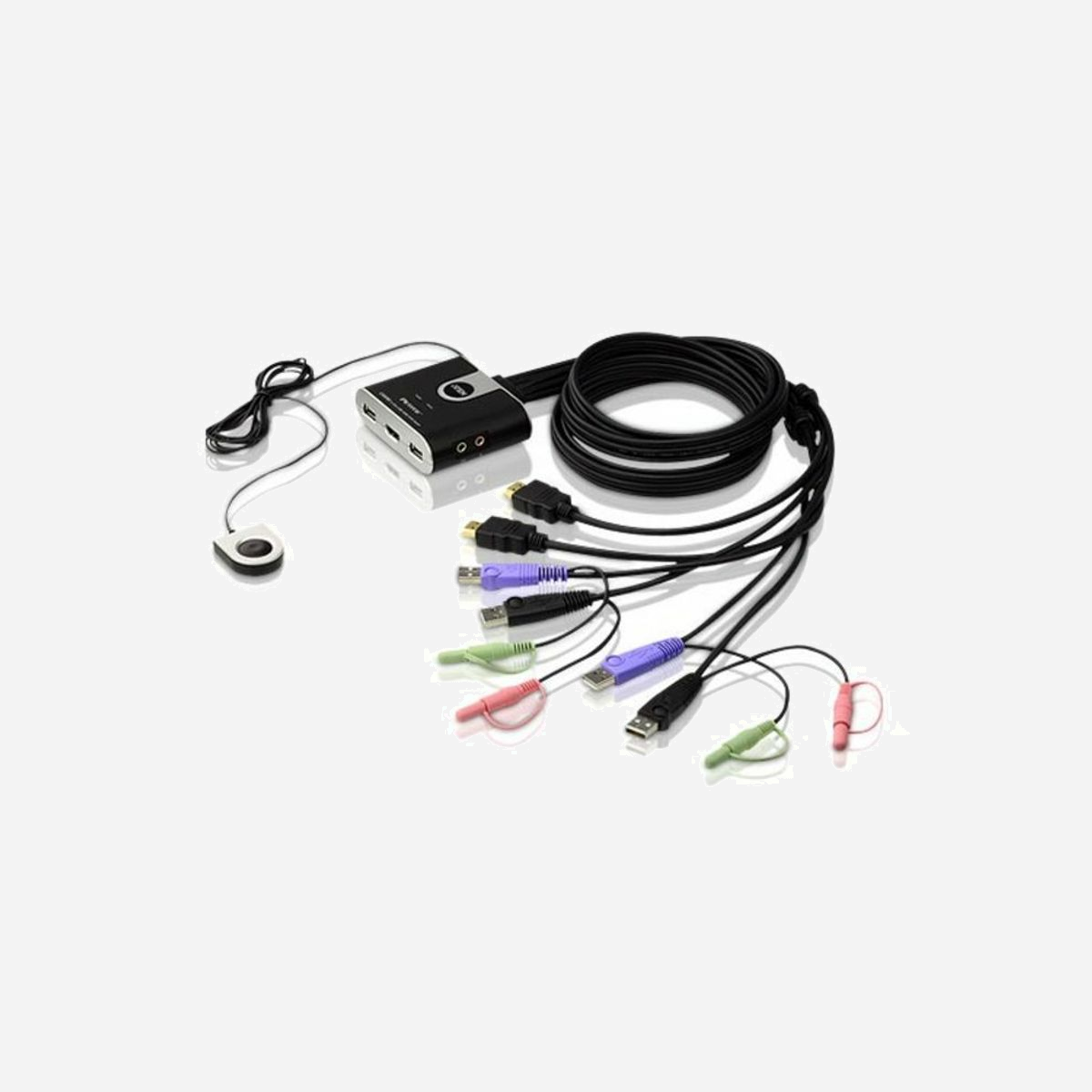 ATEN Commutateur KVM 2 ports HDMI/Audio USB 2.0 CS692-AT Résolution WUXGA 1920x1200, ports console USB-A, audio 3.5mm, scan 3/5/10/20s. - Le commutateur KVM CS692 à 2 ports USB à câble HDMI/audio relie deux PC ou appareils compatibles HDMI à un clavier USB, une souris USB et une console d'affichage HD. Le commutateur CS692 constitue une gigantesque amélioration par rapport aux précédents modèles de commutateur KVM câblés de la série Petite, grâce à ses nouvelles fonctionnalités : Full HDMI, partage de périphériques USB 2.0 (par le biais d’un concentrateur USB raccordé au port de souris USB) et fonction de mise à niveau du microprogramme qui vous permet de toujours bénéficier des versions les plus récentes.<br>1x commutateur KVM CS692 USB à 2 ports à câble HDMI/câble audio avec sélecteur de port à distance<br>1x manuel d’utilisation<br>2x autocollants de raccourcis clavier
