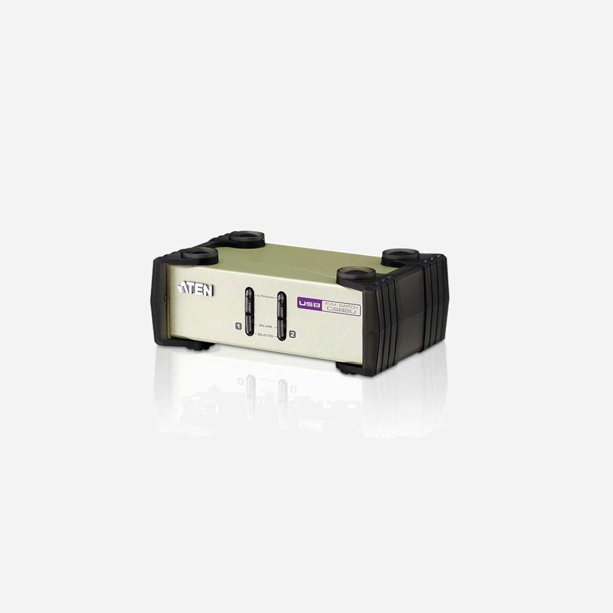 ATEN Commutateur KVM CS82U-AT 2 ports VGA USB PS/2, résolution QXGA 2048x1536, scan 3-20s, métal, 88x140x55.5mm - Le commutateur KVM PS/2-USB CS82U est une unité de contrôle de bureau qui permet aux utilisateurs d’accéder à deux ordinateurs à partir d’une seule console KVM (clavier et souris PS/2 ou USB, et moniteur VGA). De plus, le commutateur CS82U est doté de la nouvelle technologie DynaSync™ vidéo d’ATEN, qui élimine les problèmes d’affichage au démarrage et optimise la résolution.<br>1 commutateur KVM PS/2-USB à 2 ports CS82U<br>2 câbles KVM PS/2 USB 2L-5302UP<br>1 manuel d’utilisation