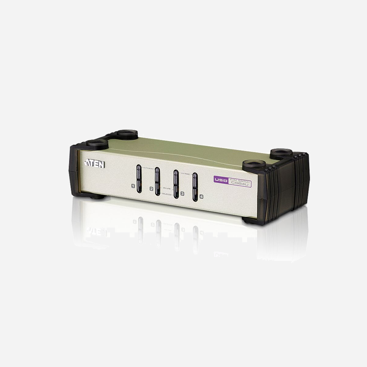 ATEN Commutateur KVM CS84U-AT 4 Ports VGA USB PS/2, Résolution 2048x1536, DynaSync, USB 2.0, Alimentation 5V, Boîtier Métal, 2 Câbles KVM inclus - Le commutateur KVM PS/2-USB CS84U est une unité de contrôle de bureau qui permet aux utilisateurs d’accéder à quatre ordinateurs à partir d’une seule console KVM (clavier et souris PS/2 ou USB, et moniteur VGA). De plus, le commutateur CS84U est doté de la nouvelle technologie DynaSync™ vidéo d’ATEN, qui élimine les problèmes d’affichage au démarrage et optimise la résolution.<br>1 commutateur KVM PS/2-USB à 4 ports CS84U<br>2 câbles KVM PS/2 USB 2L-5301UP <br>2 câbles KVM PS/2-USB 2L-5302UP<br>1 manuel d’utilisation
