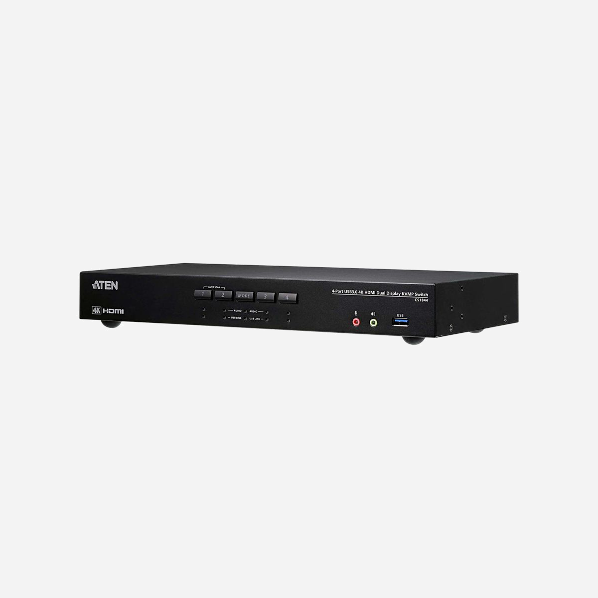 ATEN Commutateur KVMP™ CS1844-AT-G: 4x PC, 2x HDMI 4K, USB 3.0, Audio, Sélection Port Distant, Câbles Inclus, Alimentation 12V, Noir, Métal - <br>1x Commutateur KVMP™ deux affichages HDMI 4K 4 ports USB 3.0 CS1844<br>8x LIN6-19V1-V18G Câbles HDMI 2.0<br>4x LIN6-11C1-E12G Câbles USB 3.0<br>4x LIN5-0205-21CG Câbles haut-parleur<br>4x LIN5-0205-21DG Câbles microphone <br>1x 0AD8-8012-33MG Adaptateur d’alimentation<br>1x 2XRT-0016G Sélecteur de port distant<br>1x Instructions utilisateur