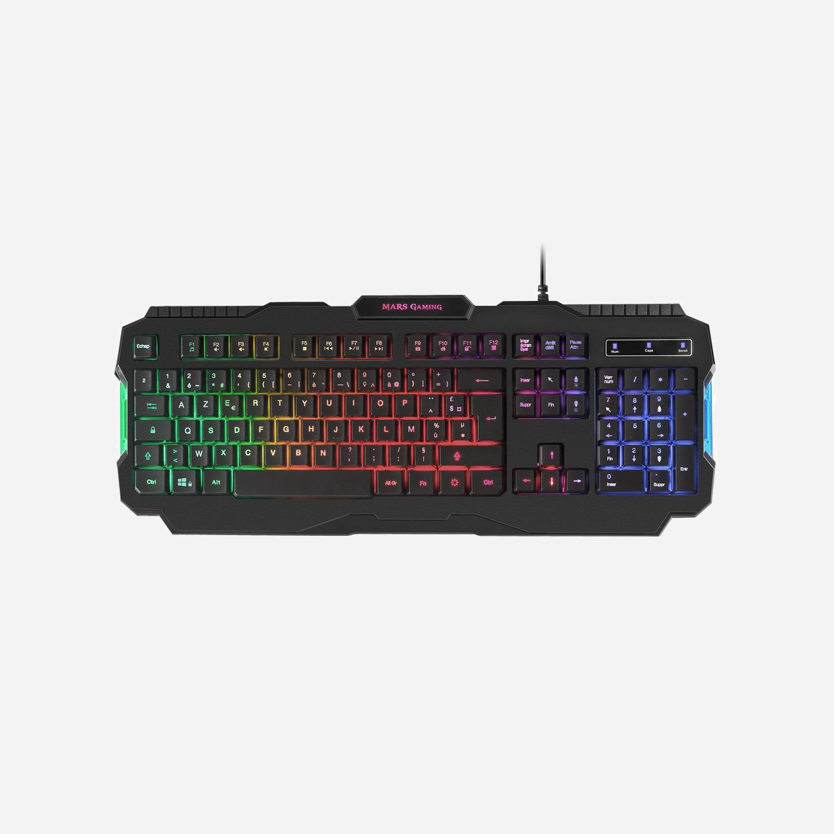 Clavier Gaming Mars Gaming MRK0FR USB Filaire Français Rétroéclairage RGB Rainbow 9 couleurs, Anti-Ghosting, Touches Multimédia, Repose-Poignets - Le MRK0 est un clavier de jeu spécialement conçu pour exceller. Avec ses trois modes d'éclairage RGB Rainbow 9 couleurs et ses 15 touches de fonction vous pourrez personnaliser au maximum votre bureau.<br><br><b>Éclairage arc-en-ciel RVB</b><br>Le MRK0 est équipé d'un éclairage arc-en-ciel RVB spectaculaire à 9 couleurs, avec trois modes différents, un effet de respiration et un contrôle de l'intensité.<br><br><b>3 modes d'éclairage</b><br>Avec 3 effets d'éclairage arc-en-ciel, le MRK0 mélange toutes ses couleurs pour offrir différents modes adaptés à votre bureau. Choisissez entre des effets arc-en-ciel classiques ou audacieux, avec des combinaisons harmonieuses ou agressives. Un clavier mais trois personnalités !<br><br><b>Contrôle total</b><br>La course et la hauteur des touches du MRK0 ont été optimisées pour les jeux. De plus, ce clavier dispose de 15 touches de fonction pour un contrôle complet du système.<br><br><b>Technologie de jeu totale</b><br>Conçu pour les joueurs, le MRK0 dispose de capacités anti-ghosting et d'une technologie de jeu à taux d'interrogation ultra-rapide. Tirez le meilleur parti de vos jeux !