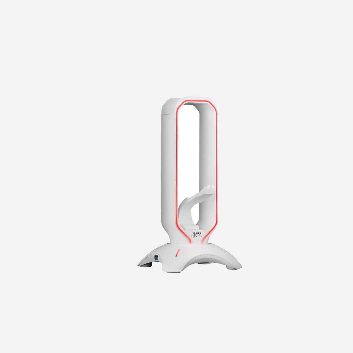 Mars Gaming MHHPROW - Support Casque/Oreillettes Blanc avec HUB USB 3.0, RGB Flow, et Organisateur de Câble Souris, 125x125x254mm - Le MHHPRO est le support de casque de jeu ultime avec un système 3 en 1 : support de casque, élastique de souris et HUB avec deux ports USB 3.0. Equipé d'une bande LED RGB Flow avec 8 modes d'éclairage et d'un système de contrôle Touch, le MHHPRO est un accessoire professionnel qui améliore l'esthétique de votre configuration de manière incroyable et vous offre de multiples fonctionnalités dans un minimum d'espace.<br><br><b>Accessoire 3 en 1 optimisé</b><br>La structure du MHHPRO est conçue pour offrir un support confortable et maniable à vos écouteurs, tout en offrant un élastique pour le câble de la souris pour le maintenir à tout moment et des connecteurs USB 3.0 pour d'autres périphériques. Imaginez 3 fonctions dans 1 appareil, décoré avec le meilleur éclairage RGB Flow que vous ayez jamais vu. <br><br><b>Flux de LED RVB</b><br>Profitez de transitions de couleurs automatiques qui transforment votre bureau en station de jeu avec un seul bouton. <br><br><b>Jusqu'à 10 modes d'éclairage</b><br>Choisissez la couleur que vous préférez et profitez de l'éclairage MHHPRO pour le combiner avec les autres périphériques de votre configuration. <br><br><b>Souris élastique ergonomique</b><br>Le cordon élastique intégré du MHHPRO vous permet de jouer librement sans craindre de tirer accidentellement : placez le câble dans la fente en caoutchouc et ajustez-le à votre guise pour utiliser votre souris en toute tranquillité.<br><br><b>Connectivité multiple</b><br>Connectez d'autres périphériques à votre MHHPRO grâce à son système HUB avec 2 ports USB 3.0 afin d'avoir à proximité le câble de votre clavier, souris, système audio ou tout autre appareil.<br><br><b>Système de contrôle tactile</b><br>Profitez du contrôle d'éclairage le plus rapide et le plus simple imaginable : appuyez sur le capteur tactile activé par le toucher pour parcourir les différentes couleurs du MHHPRO, activez l'effet de transition automatique RGB Flow ou maintenez le capteur tactile enfoncé pendant 2 secondes pour éteindre la lumière de votre support et économiser de l'énergie lorsque vous ne l'utilisez pas.<br><br><b>Éclairage de flux RVB</b><br>La bande d'éclairage LED MHHPRO fournit un effet de flux RVB dynamique qui change automatiquement de couleur, portant l'esthétique de votre configuration à un autre niveau et décorant votre bureau avec plusieurs nuances. De plus, il propose également 7 couleurs unies afin que vous puissiez choisir celle qui convient le mieux à votre configuration grâce à son système de contrôle Touch.<br><br><b>Conception compacte et minimaliste</b><br>Pour organiser parfaitement votre espace, le MHHPRO vous propose un support vertical en ABS et une base surélevée qui complète son design. La pièce en caoutchouc située au centre de la structure offre un support de câble de souris, vous offrant 3 fonctions dans un petit espace.
