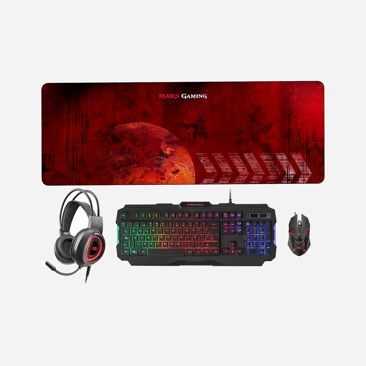 Mars Gaming MCPRGB2FR Combo Clavier AZERTY RGB, Souris 4000 DPI et Casque, Tapis XXL, USB, Compatible Windows/Linux/macOS - Remplissez votre bureau de couleur avec le combo MCPRGB2. Le clavier, la souris et le casque RGB Rainbow transformeront vos sessions de jeu en un spectacle de lumière. Protégez votre clavier et votre souris avec le tapis de souris XXL au design rouge spectaculaire.<br><br><b>Contrôle et vitesse maximum</b><br>Le combo MCPRGB2 est conçu pour assurer un gameplay confortable et fluide, maximisant la vitesse de l'utilisateur et le contrôle de l'action dans le jeu. Profitez de la meilleure qualité de jeu avec un pack complet de périphériques de haute qualité.<br><br><b>Contrôle, communication et durabilité</b><br>Son microphone intégré flexible permet une communication complète dans un espace minimal. Ayez un contrôle maximal grâce à la molette de volume intégrée sur le côté. De plus, son câble anti-enchevêtrement garantit que vos écouteurs durent plus longtemps et sont toujours comme neufs, prêts à l'emploi.<br><br><b>Arc-en-ciel RVB</b><br>Le clavier de ce combo est équipé de la technologie de rétroéclairage RGB Rainbow. 3 modes d'éclairage multicolores différents, effets de respiration et contrôle de l'intensité. Associez leurs couleurs et plongez dans le jeu ! <br><br><b>Technologie de jeu professionnelle</b><br>Équipé d'une technologie de jeu professionnelle, le clavier MCPRGB2 dispose d'un rapport de réponse ultra-rapide et d'un anti-ghosting de base. Ses touches gaming offrent des performances maximales : la hauteur des touches a été optimisée pour le jeu et sa frappe est conçue pour garantir une pression et une réponse parfaites.<br><br><b>ACCÈS DIRECT</b><br>Il dispose de 15 touches de fonction spéciales pour offrir toutes sortes de fonctions multimédias et de jeux, ainsi qu'un contrôle complet de l'éclairage via le matériel.<br><br><b>Conception de jeux sur Mars</b><br>Complétez votre combo avec cette souris. Son éclairage RGB Flow spectaculaire se combine parfaitement avec le clavier. De plus, conçue pour le jeu, le poids de la souris a été spécifiquement étudié pour faciliter son glissement. Ambidextre et ergonomique, obtenez une adhérence et des performances parfaites. <br><br><b>Technologie professionnelle</b><br>Jouez au plus haut niveau : cette souris est dotée d'un capteur optique professionnel de 4000 DPI et d'un taux de rafraîchissement ultra-rapide pour une précision extrême. La commutation haute vitesse à la volée de 1000/1800/2800/4000 DPI vous permet d'adapter votre DPI à vos besoins, garantissant une précision et un contrôle maximum. Ses 6 boutons de jeu sont capables de réaliser jusqu'à 5 millions de frappes. Avec une molette de défilement à grande vitesse, cette souris vous suit !<br><br><b>Compatibilité et durabilité maximales</b><br>En plus d'être compatible avec Windows, Linux, Mac, PS4, PS5, XBOX ONE, XBOX SERIES XS, il dispose d'une finition douce au toucher confortable pour une adhérence incroyable et de pieds professionnels en Téflon qui favorisent la glisse : la combinaison parfaite de design, de performances et de durabilité maximale.<br><br><b>Tapis de souris XXL</b><br>Le tapis de souris MCPRGB2 est idéal pour accompagner vos périphériques RGB. Adapté aux souris optiques et laser, sa surface matricielle en tissu avancée offre une glisse douce et précise. De plus, la base en caoutchouc naturel à haute adhérence empêche le tapis de glisser. Sa taille XXL couvre une large surface et garantit un confort d'utilisation maximal. Jouez sans limites !