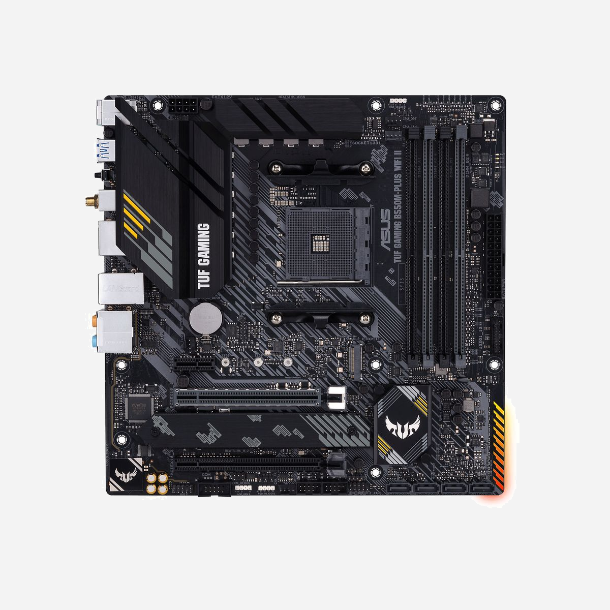 ASUS TUF GAMING B550M-PLUS WIFI II : Carte mère AMD B550 micro ATX, Socket AM4, DDR4 128GB, M.2 PCIe 4.0, Wi-Fi 6, 2.5Gb Ethernet - ASUS TUF GAMING B550M-PLUS WIFI II. Fabricant de processeur: AMD, Socket de processeur (réceptable de processeur): Emplacement AM4, Processeurs compatibles: AMD Ryzen 3000 Series, AMD Ryzen 5000 Series. Types de mémoire pris en charge: DDR4-SDRAM, Mémoire interne maximale: 128 Go, Type de support (slot): DIMM. Interfaces de lecteur de stockage prises en charge: M.2, PCI Express 3.0, PCI Express 4.0, SATA III, Types de lecteurs de stockage pris en charge: HDD & SSD, Niveaux RAID: 0, 1, 10. Résolution maximale: 3840 x 2160 pixels. Connecteur USB: USB Type-A, USB Type-C