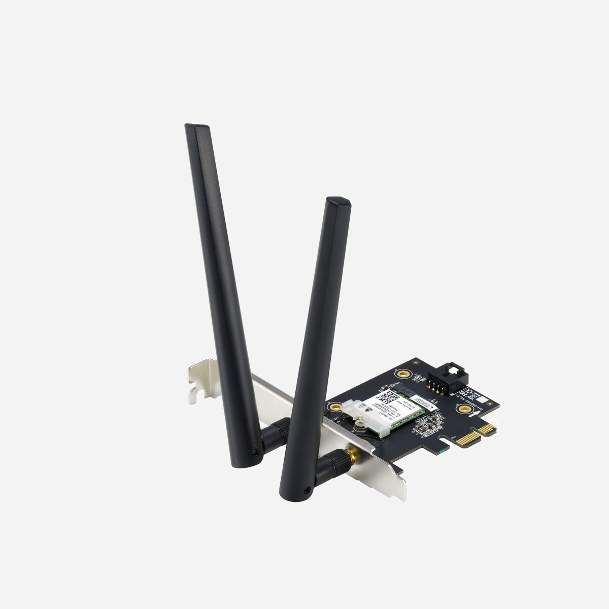 ASUS PCE-AX1800 BT5.2 Carte WLAN/Bluetooth PCIe - Wi-Fi 6 (802.11ax) 1775 Mbps Dual Band 2.4/5GHz - Bluetooth 5.2 - Antenne Externe - ASUS PCE-AX1800 BT5.2. Interne. Technologie de connectivité: Sans fil, Interface de l'hôte: PCI Express, Interface: WLAN / Bluetooth. Débit de transfert des données maximum: 1775 Mbit/s, Norme Wi-Fi: Wi-Fi 6 (802.11ax), Bande Wi-Fi: Bi-bande (2,4 GHz / 5 GHz)
