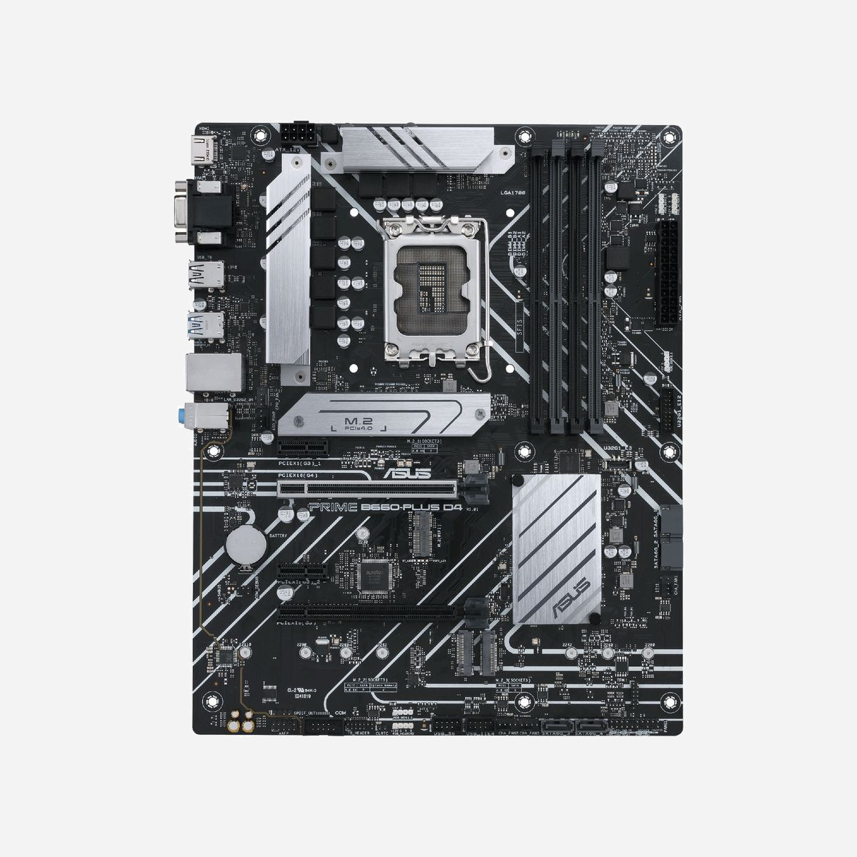ASUS PRIME B660-PLUS D4 - Carte mère ATX - Intel B660 - Socket LGA 1700 - DDR4 - M.2/PCIe 4.0/SATA III - 2.5GbE - USB Type-A/Type-C - ASUS PRIME B660-PLUS D4. Fabricant de processeur: Intel, Socket de processeur (réceptable de processeur): LGA 1700, Processeurs compatibles: Intel® Celeron®, Intel® Core™ i3, Intel® Core™ i5, Intel® Core™ i7, Intel® Core™ i9,.... Types de mémoire pris en charge: DDR4-SDRAM, Mémoire interne maximale: 128 Go, Type de support (slot): DIMM. Interfaces de lecteur de stockage prises en charge: M.2, PCI Express 4.0, SATA III, Types de lecteurs de stockage pris en charge: HDD & SSD, Niveaux RAID: 0, 1, 5, 10. Connecteur USB: USB Type-A, USB Type-C. Type d'interface Ethernet: 2.5 Gigabit Ethernet