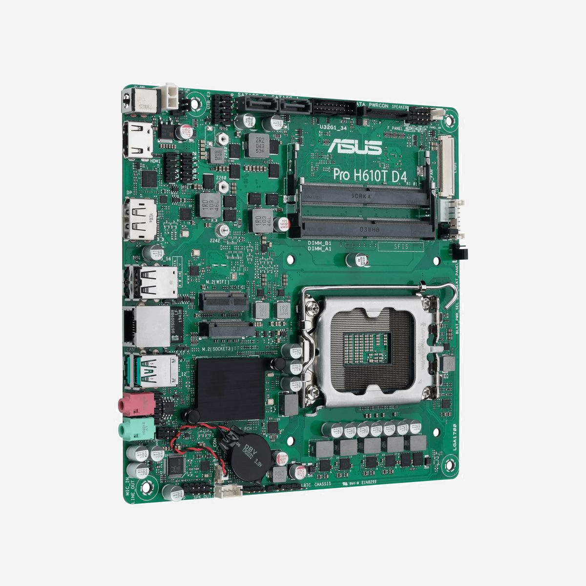 ASUS Pro H610T D4-CSM : Carte mère mini ITX Intel H610, Socket LGA 1700, DDR4 SO-DIMM jusqu'à 64GB, M.2, SATA III, Gigabit Ethernet, HDMI 2.1, DisplayPort 1.4 - ASUS Pro H610T D4-CSM. Fabricant de processeur: Intel, Socket de processeur (réceptable de processeur): LGA 1700, Processeurs compatibles: Intel® Celeron®, Intel® Core™ i3, Intel® Core™ i5, Intel® Core™ i7, Intel® Core™ i9, Intel® Pentium®. Types de mémoire pris en charge: DDR4-SDRAM, Mémoire interne maximale: 64 Go, Type de support (slot): SO-DIMM. Interfaces de lecteur de stockage prises en charge: M.2, SATA III, Types de lecteurs de stockage pris en charge: HDD & SSD. Type d'interface Ethernet: Gigabit Ethernet. composant pour: PC, Elément de forme de carte mère: mini ITX, famille de composant de produits: Intel