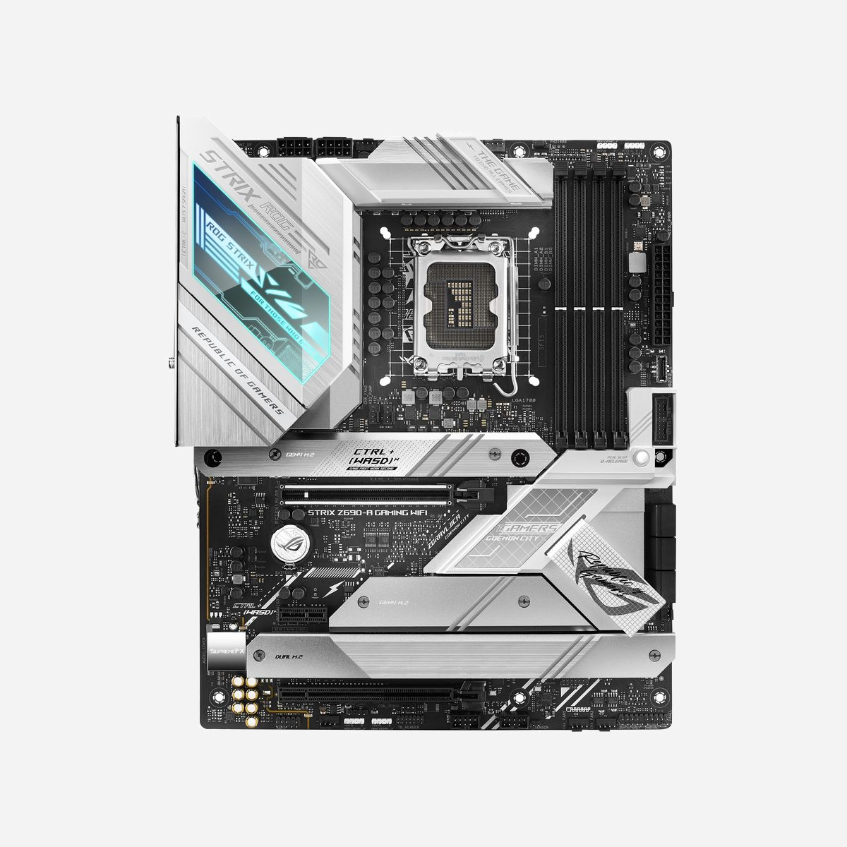 ASUS ROG STRIX Z690-A GAMING WIFI - Carte mère ATX - Intel Z690 - Socket LGA 1700 - DDR5 - WiFi 6E - 2.5GbE - M.2/SATA III - USB 3.2 Gen2 - ASUS ROG STRIX Z690-A GAMING WIFI. Fabricant de processeur: Intel, Socket de processeur (réceptable de processeur): LGA 1700, Processeurs compatibles: Intel® Celeron®, Intel® Core™ i3, Intel® Core™ i5, Intel® Core™ i7, Intel® Core™ i9,.... Types de mémoire pris en charge: DDR5-SDRAM, Mémoire interne maximale: 128 Go, Type de support (slot): DIMM. Interfaces de lecteur de stockage prises en charge: M.2, SATA III, Types de lecteurs de stockage pris en charge: HDD & SSD, Niveaux RAID: 0, 1, 5, 10. Type d'interface Ethernet: 2.5 Gigabit Ethernet, Norme Wi-Fi: Wi-Fi 6E (802.11ax), Standards wifi: 802.11a, 802.11b, 802.11g, Wi-Fi 4 (802.11n), Wi-Fi 5 (802.11ac), Wi-Fi 6 (802.11ax), Wi-Fi 6E.... composant pour: PC, Elément de forme de carte mère: ATX, famille de composant de produits: Intel