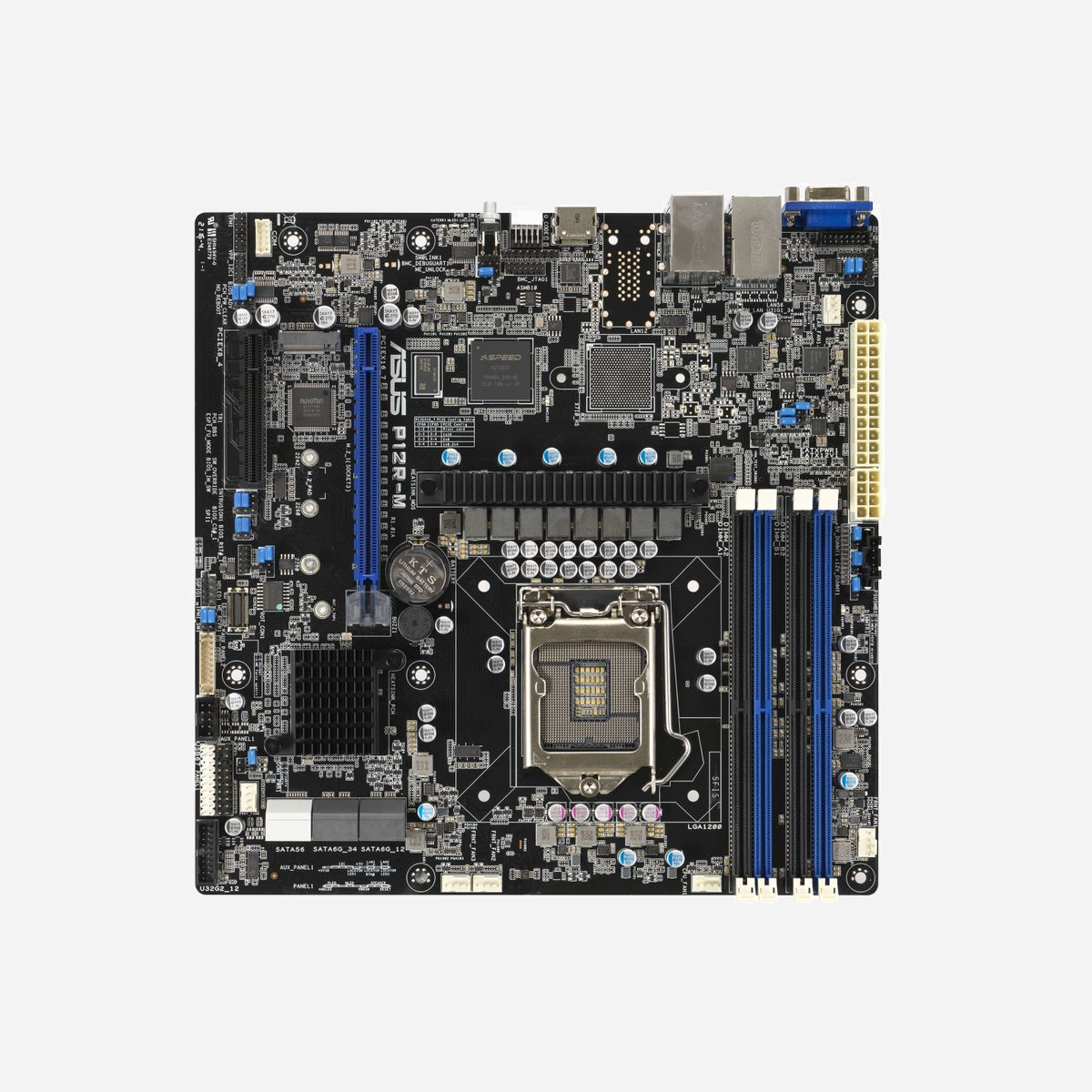 ASUS P12R-M : Carte mère micro ATX Intel C252, Socket LGA 1200, DDR4-SDRAM 128Go max, M.2, SATA III, AST2600 64Mo, Dual LAN Intel I210-AT - ASUS P12R-M. Fabricant de processeur: Intel, Socket de processeur (réceptable de processeur): LGA 1200 (Socket H5), Processeurs compatibles: Intel® Pentium®, Intel Xeon E. Types de mémoire pris en charge: DDR4-SDRAM, Mémoire interne maximale: 128 Go, Type de support (slot): DIMM. Interfaces de lecteur de stockage prises en charge: M.2, SATA III. Famille d'adaptateur graphique: ASPEED, Adaptateur graphique: AST2600, Mémoire d'adatapeur graphique à bord: 64 Mo. Contrôleur de réseau local (LAN): Intel® I210-AT