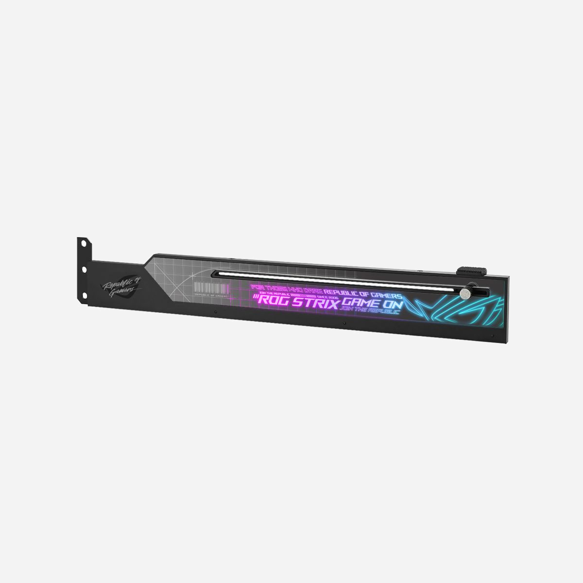 ASUS ROG Strix Support Carte Graphique Universel 330x23x50mm, Compatible Châssis Universel, Éclairage Addressable RGB 3-pin - ASUS ROG Strix Graphics Card Holder. Type de châssis compatible: Universel, Type: Support de carte graphique, Couleur du produit: Noir, Gris. Largeur: 330 mm, Profondeur: 23 mm, Hauteur: 50 mm. Quantité: 1 pièce(s), Largeur du colis: 380 mm, Profondeur du colis: 150 mm
