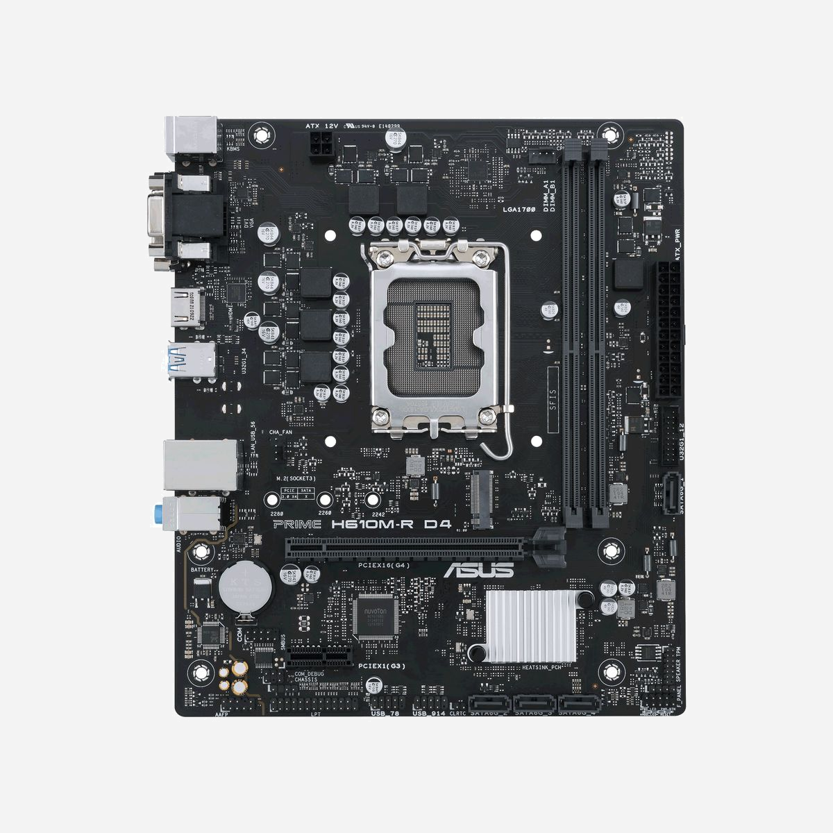 ASUS PRIME H610M-R D4 : Carte mère micro ATX Intel H610, Socket LGA 1700, DDR4 jusqu'à 64Go, M.2, SATA III, USB 3.2 Gen 1, HDMI 2.1, DVI-D, Gigabit Ethernet - ASUS PRIME H610M-R D4. Fabricant de processeur: Intel, Socket de processeur (réceptable de processeur): LGA 1700, Processeurs compatibles: Intel® Celeron®, Intel® Core™ i3, Intel® Core™ i5, Intel® Core™ i7, Intel® Core™ i9,.... Types de mémoire pris en charge: DDR4-SDRAM, Mémoire interne maximale: 64 Go, Type de support (slot): DIMM. Interfaces de lecteur de stockage prises en charge: M.2, SATA III, Types de lecteurs de stockage pris en charge: HDD & SSD. Résolution maximale: 3840 x 2160 pixels. Connecteur USB: USB Type-A